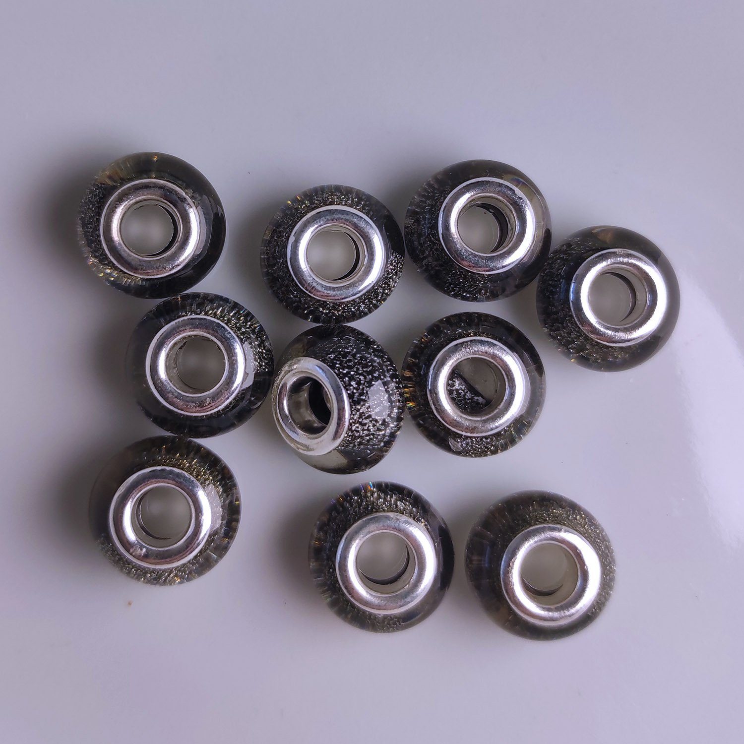 Kopper-24 Bastelperlen Großloch Spacer Charm Perlen Rondelle Glitzer, 14 mm, 10 Stück, Grau