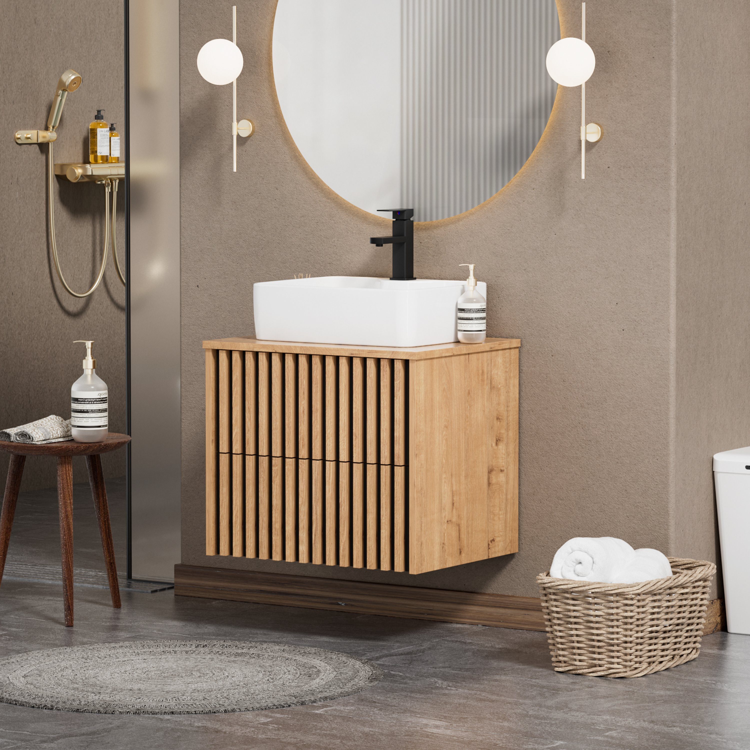 UEV Waschtisch mit Unterschrank hängend Keramik Waschbecken (Packung, Komplett-Set Badmöbel, Badezimmmer Schrank), Waschbeckenunterschrank mit Wasserhahn und Po – Bild 2 von 5