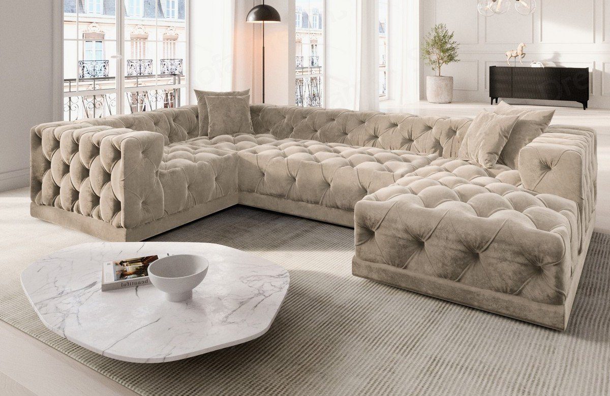 Sofa Dreams Wohnlandschaft Designer Stoff Sofa Palma U Form Samtstoff Stoffsofa, Loungesofa, Chesterfield Stil