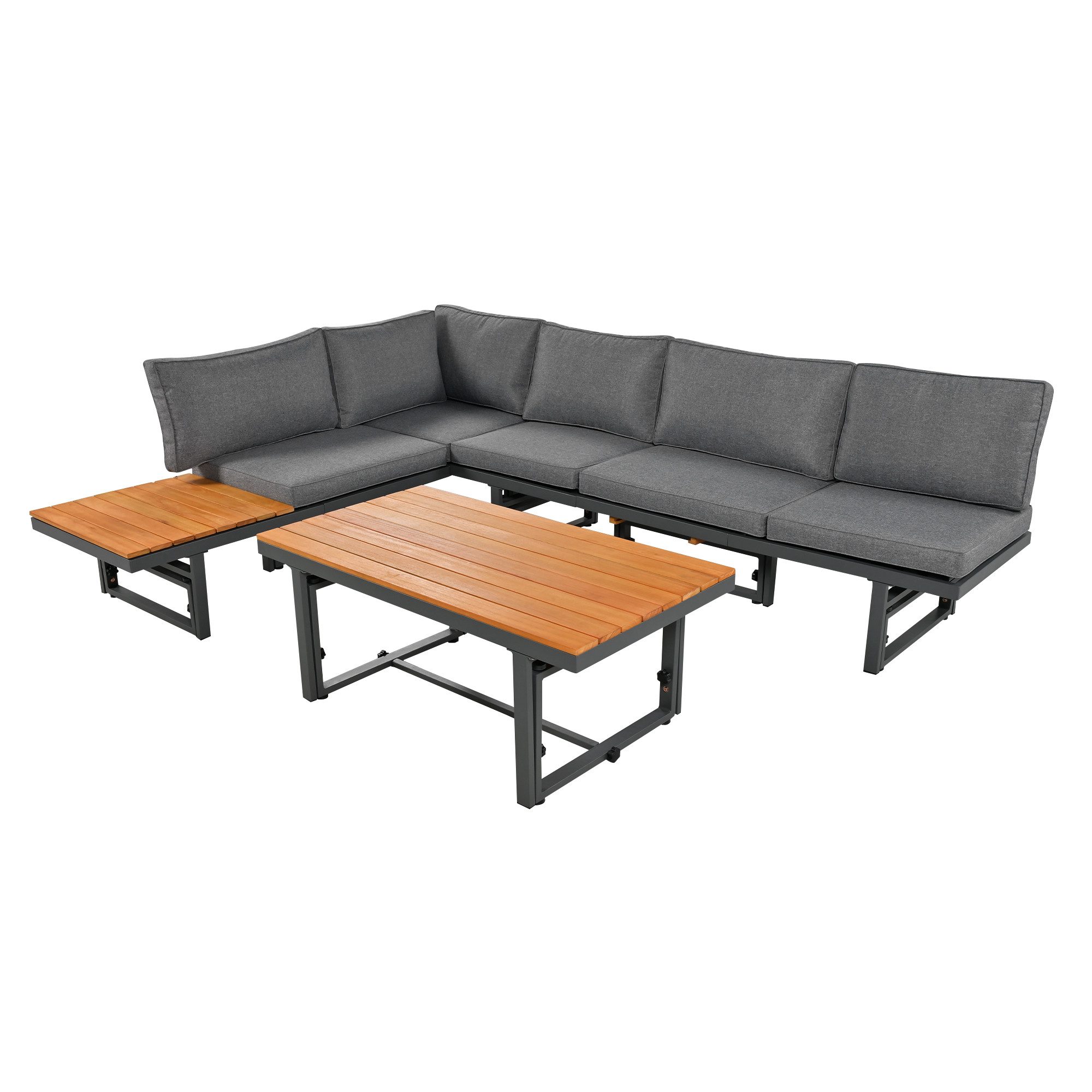BBWL Gartenlounge-Set mit verstellbarer Rückenlehne, Akazienholz Tisch, Kissen, Gartenmöbel Set Lounge 3-teilig, pulverbeschichteter Eisenrahmen