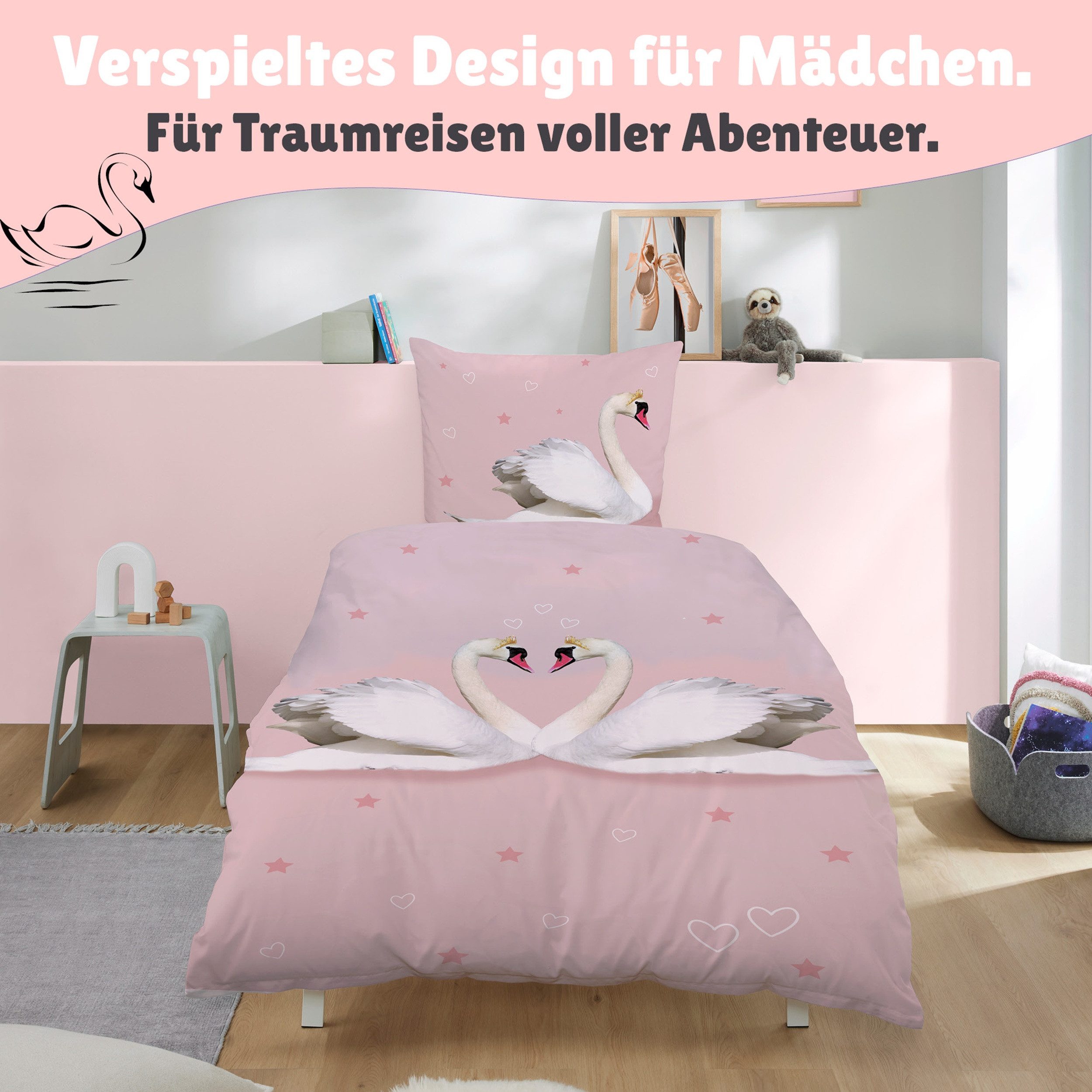 Familando Partnerbettwäsche "Liebes Schwan" Set 2-teilig, 135x200 80x80 cm, Flanell, Reißverschlus, Biber, 2 teilig, mit gemusterter Wendeseite in weiß – Bild 4 von 5