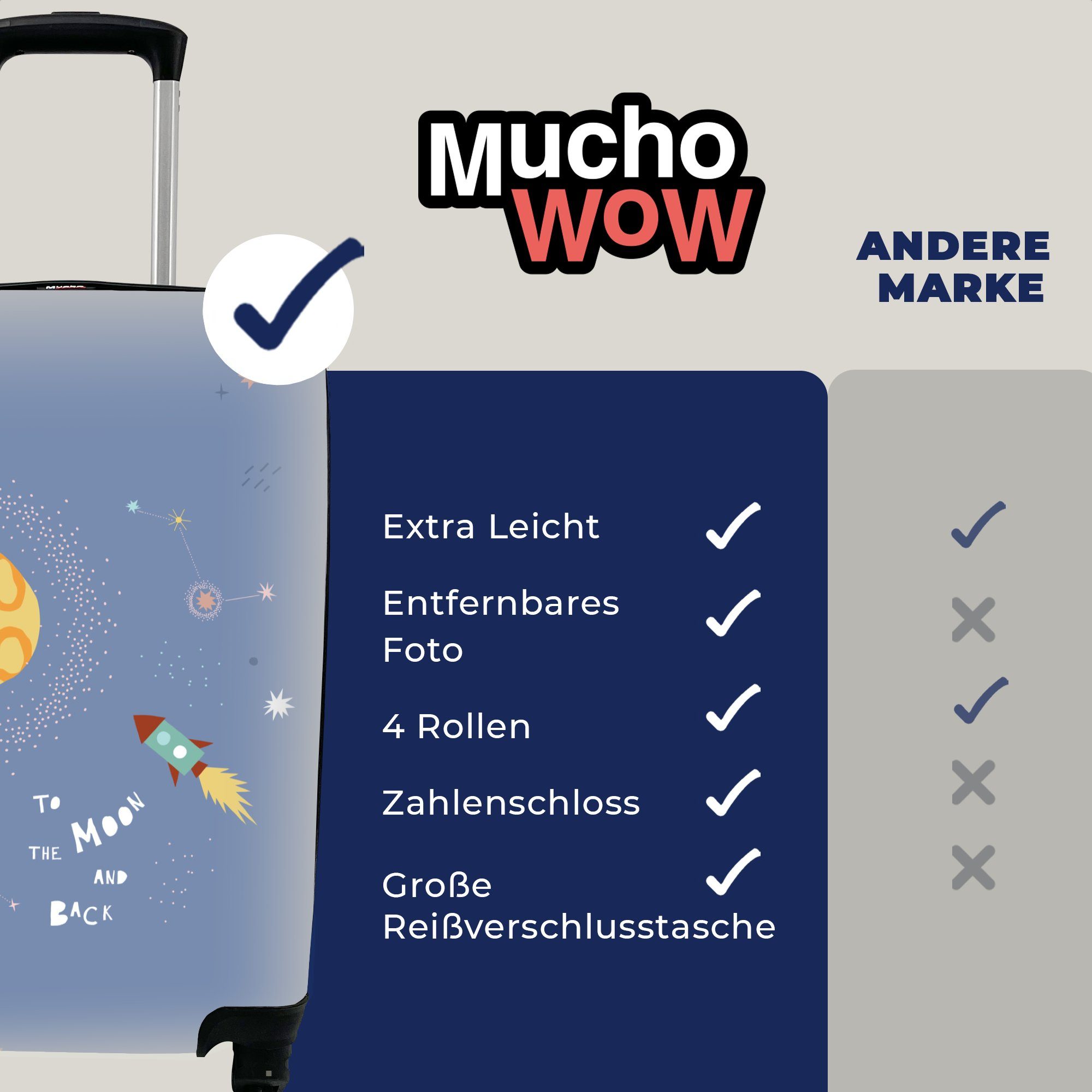 MuchoWow Sterne Reisekoffer - Rakete mit rollen, Ferien, für Kinderzimmer, Handgepäckkoffer Rollen, Trolley, Reisetasche - 4 Handgepäck