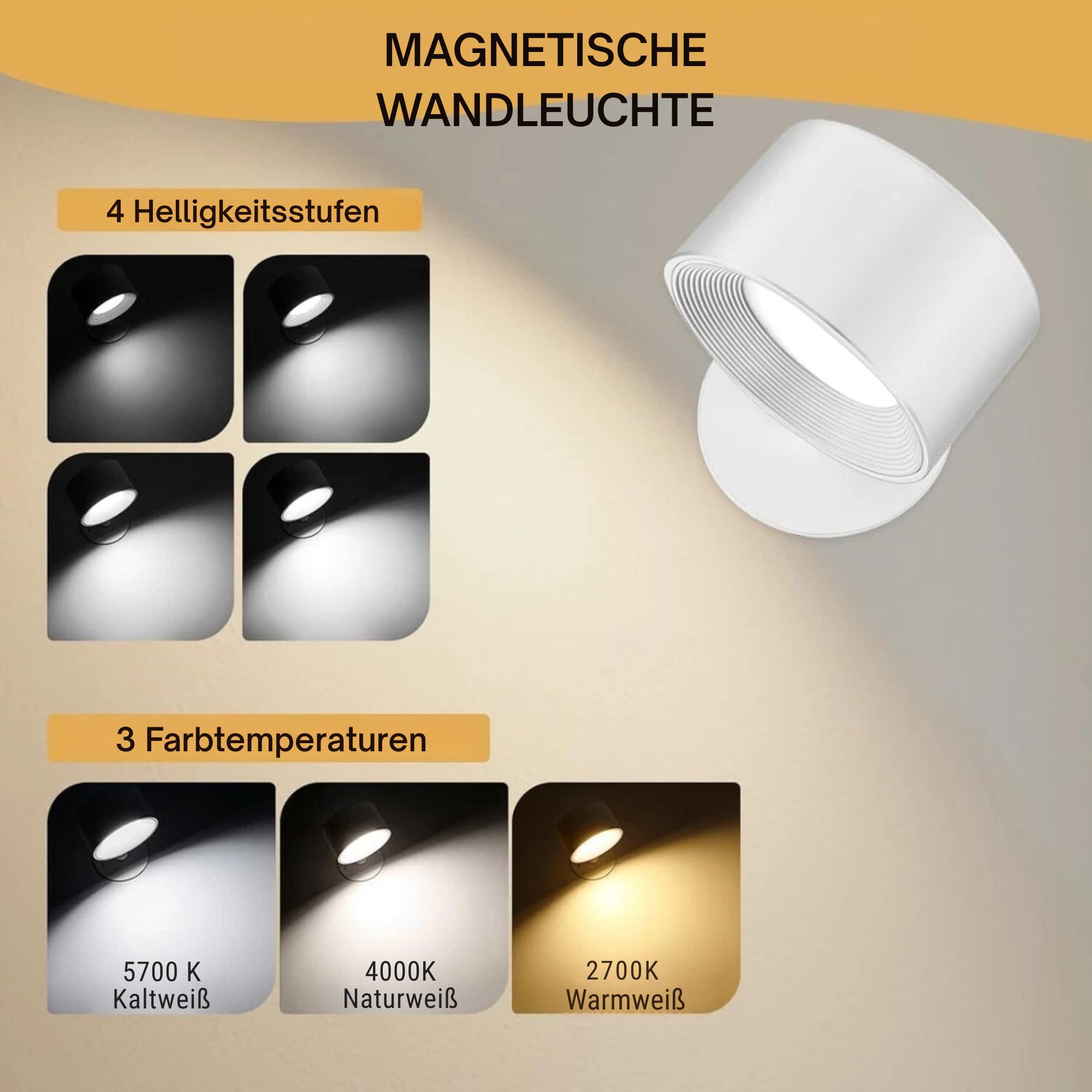 Vivitar LED Wandleuchte mit Akku, 360° drehbar, magnetische Befestigung, RGB & Weißlicht, LED fest integriert, dimmbar, Touch & Fernbedienung, 3 Farbtemperaturen, 9 Farben