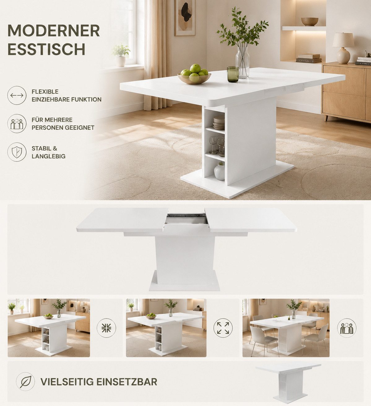 KLAM HOME Esstisch Küchentisch mit Stauraum (Tischplatte bis 130cm ausziehbar), 110x70x75 cm Esstisch Freizeittisch Couchtisch aus Metall und MDF – Bild 5 von 5