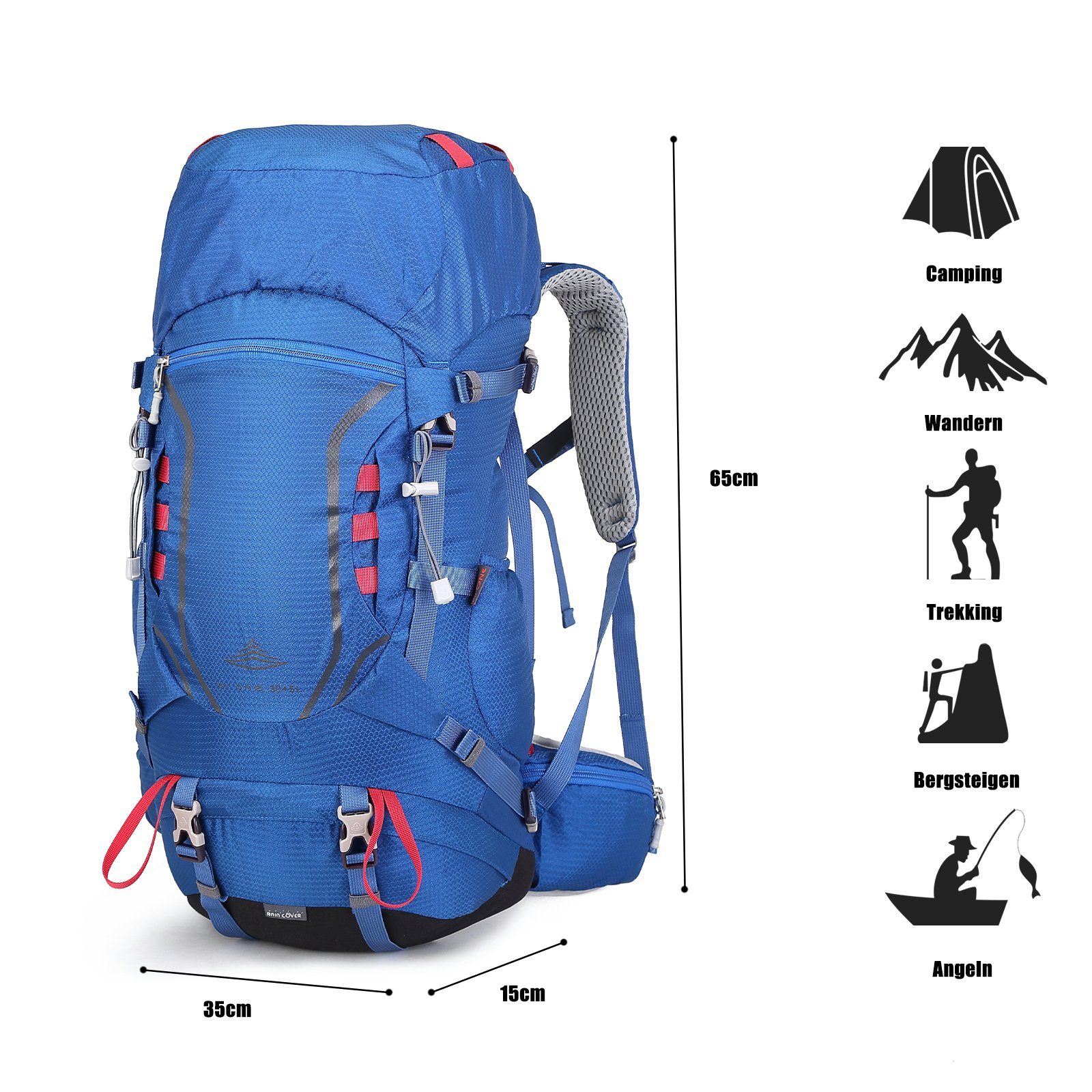 TAN.TOMI Kletterrucksack 35L für (Einschließlich Camping Blau Trekking Wasserdicht Reisen Multifunktionaler Regenschutz), Outdoor Großer (30L+5L) Regenschutz Wanderrucksack, mit