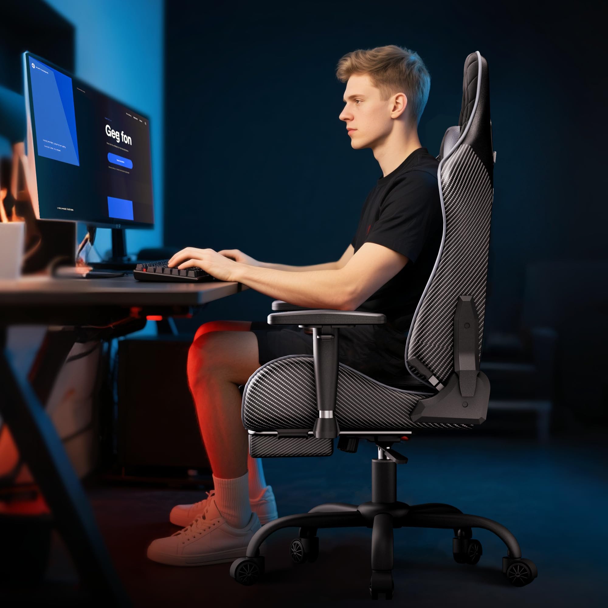Seenda Gaming-Stuhl Ergonomischer Bürostuhl Gaming-Stuhl Vollmetall-Rahmen bis 150 kg, 110°-Krümmung, verstellbare Kissen, 145° Neigung + Fußstütze