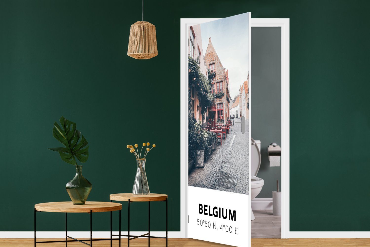 Tür, - (1 - 75x205 Fototapete Türaufkleber, Café MuchoWow Türtapete für bedruckt, Belgien Rot, Terrasse Matt, - cm St),