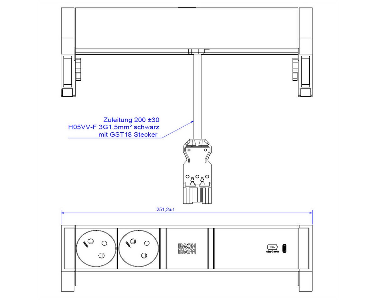 Thumbnail - Bachmann DESK2 2xUTE 1xUSB C 60W 0,2m GST18 RAL9010 Steckdosenleiste (Kabellänge 0.2 m)