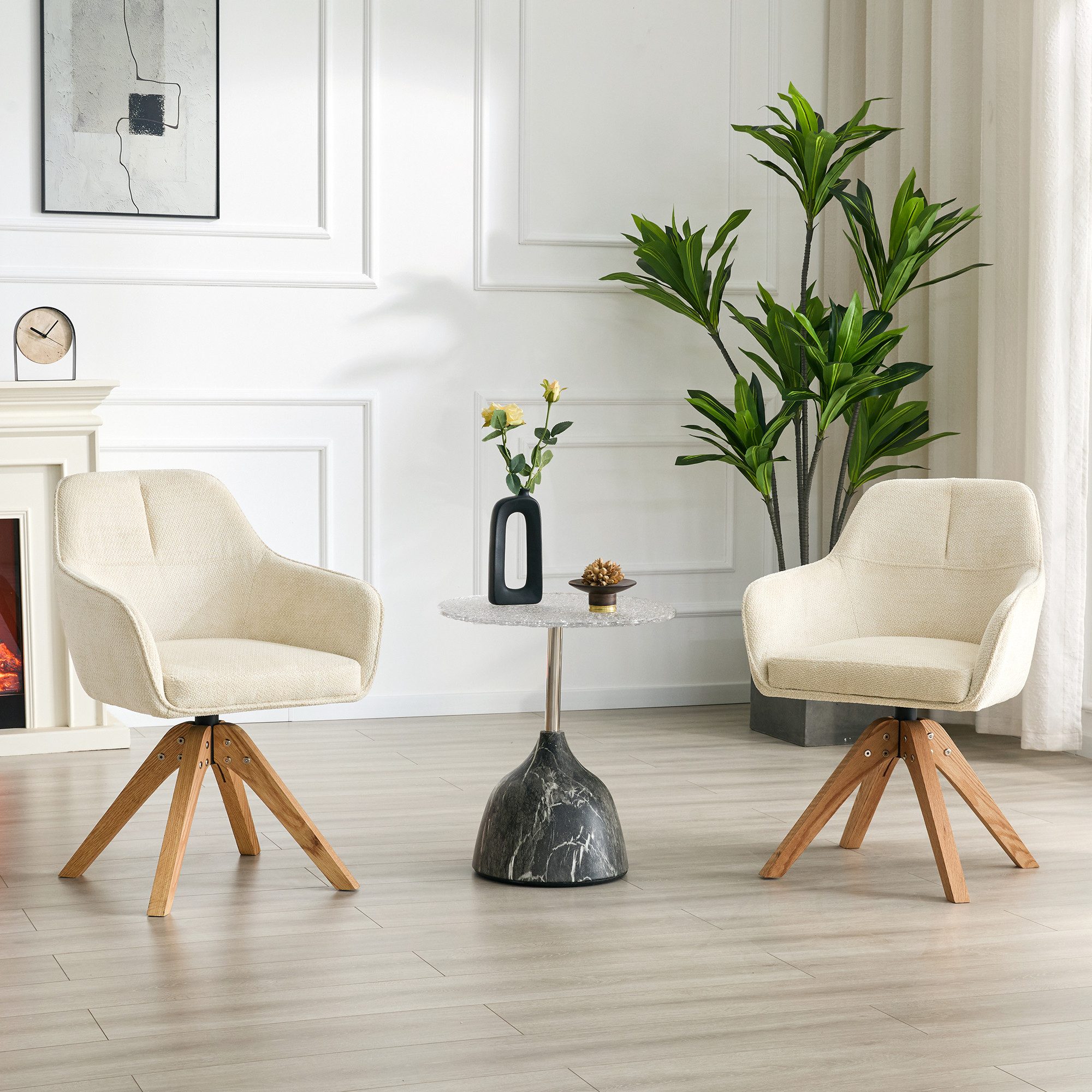 JUFU Drehsessel Im Skandi-Design, Massivholzfuß, Essstuhl, Bürostuhl, Wohnzimmersessel (2-St), ergonomisch gepolstert mit 360° Drehfunktion