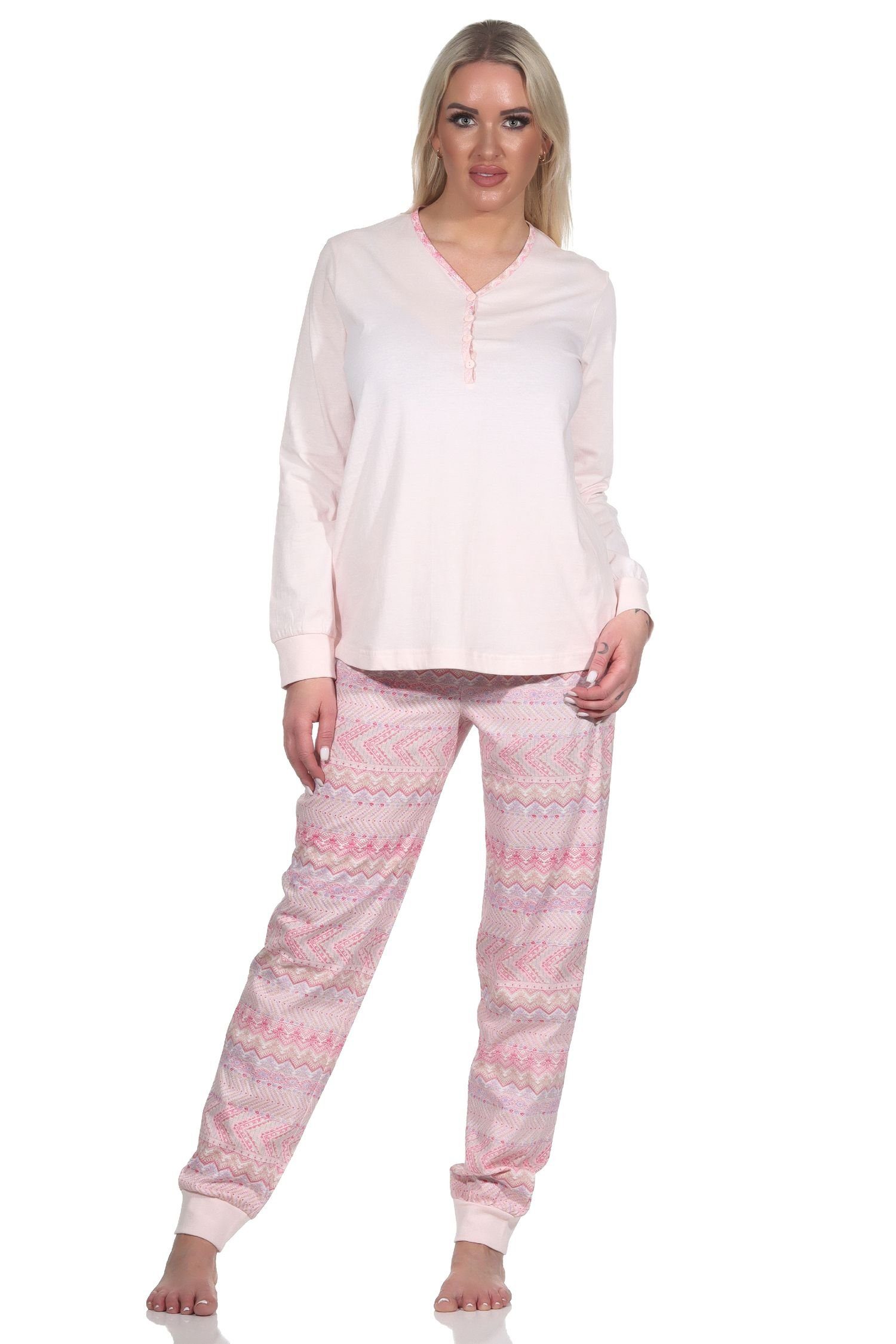 auch Schlafanzug Übergrößen Pyjama Ethnolook Damen rosa in Normann lang - mit im Bündchen