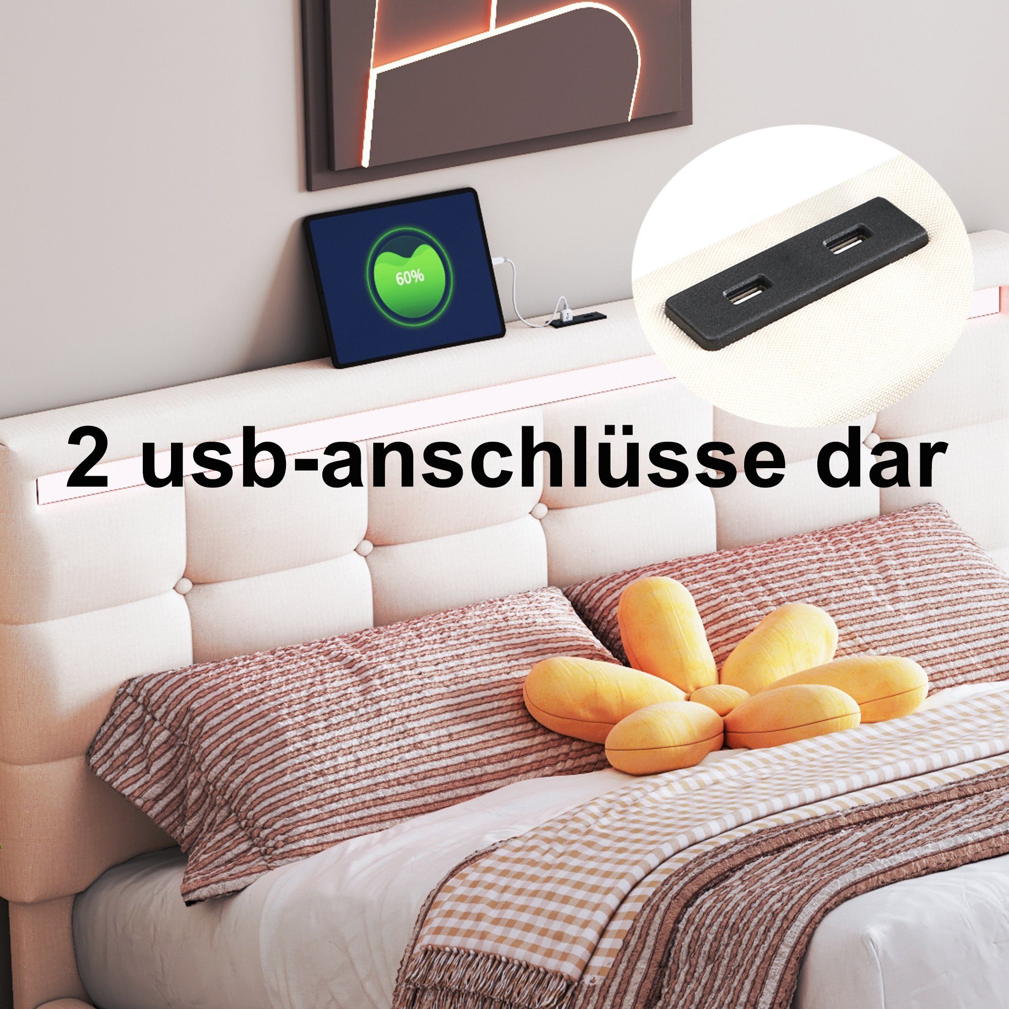 USB-Anschluss 140x200cm Polsterbett, Doppelbett beige 2 4 LED Schubladen Leinen Flieks