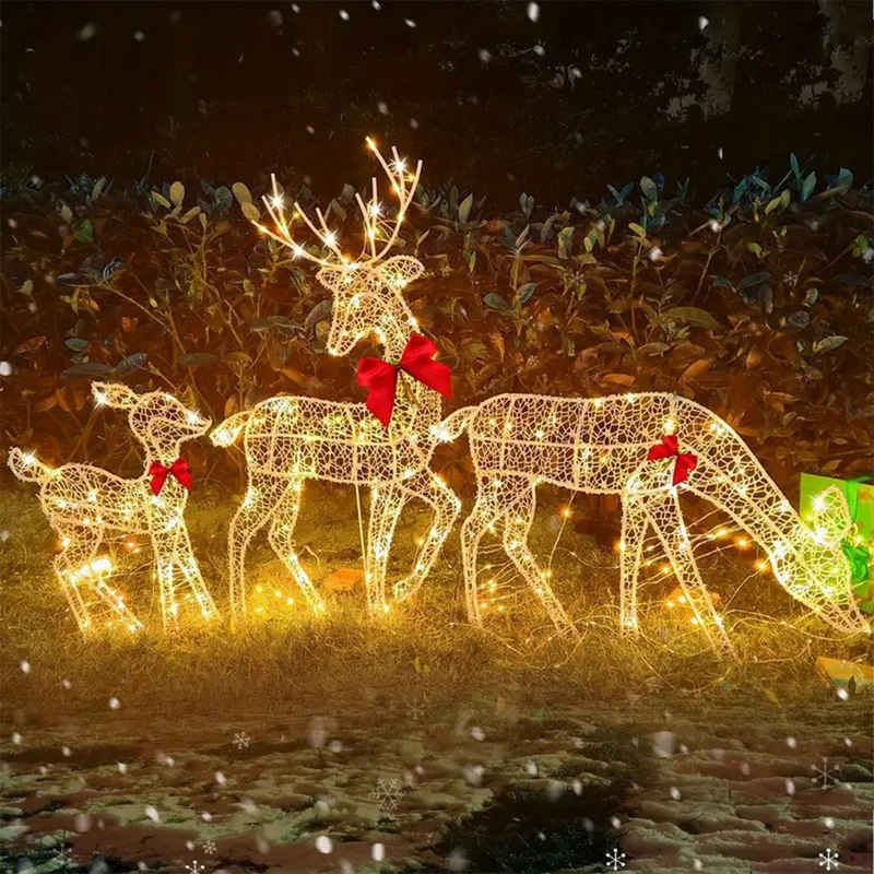 autolock Weihnachtsfigur 3-teiliges Weihnachtsbeleuchtung LED Rentier Weiß Eisen Rahmen, Aussen Beleuchtet Weihnachtshirsch Weihnachtsdeko für Außen