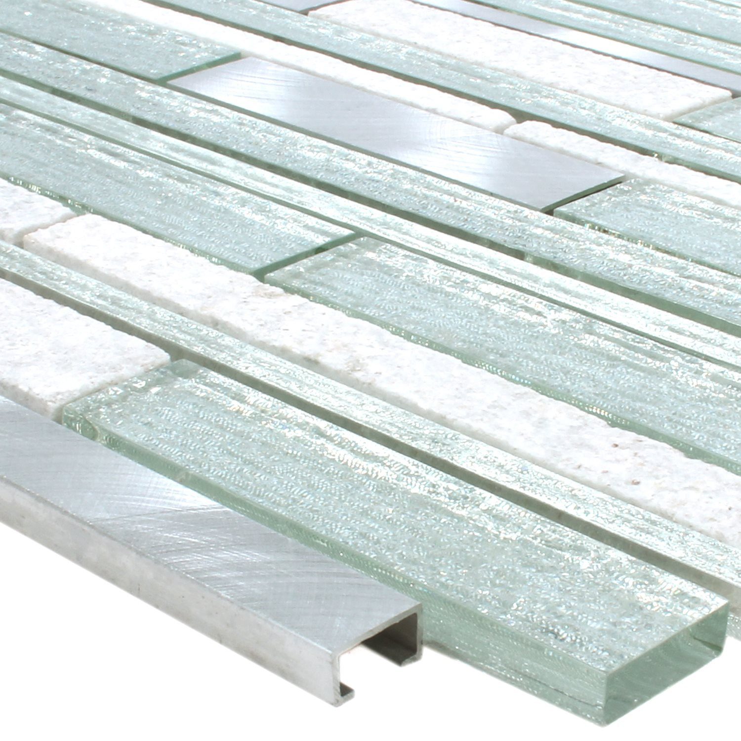 Mosafil Mosaikfliesen Mosaikfliesen Panorama, Naturstein-Glas-Material Mix-Aluminium 31.000x29.800, weiß-silber, Verlegefertig auf ein Netz geklebt