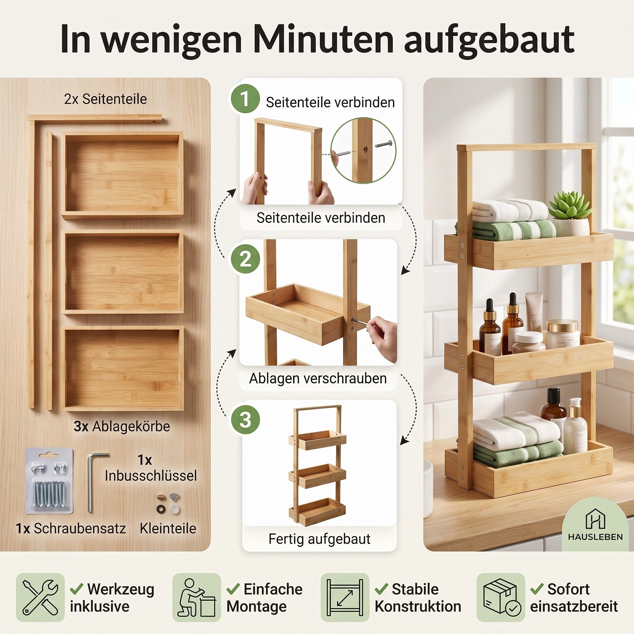 hausleben Küchenregal Korbregal Bambus 25x16x65 cm Küchenregal Badezimmer, Set, Wohn-Esszimmer Küche Holz Bad umweltfreundlich Regal Stehregal – Bild 4 von 5