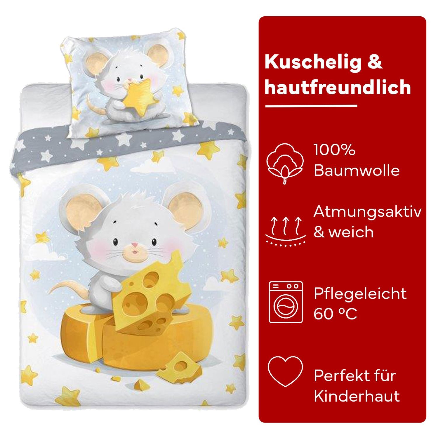 texpot Bettwäsche Kinderbettwäsche Maus Käse bedruckt Garnitur, 2 teilig