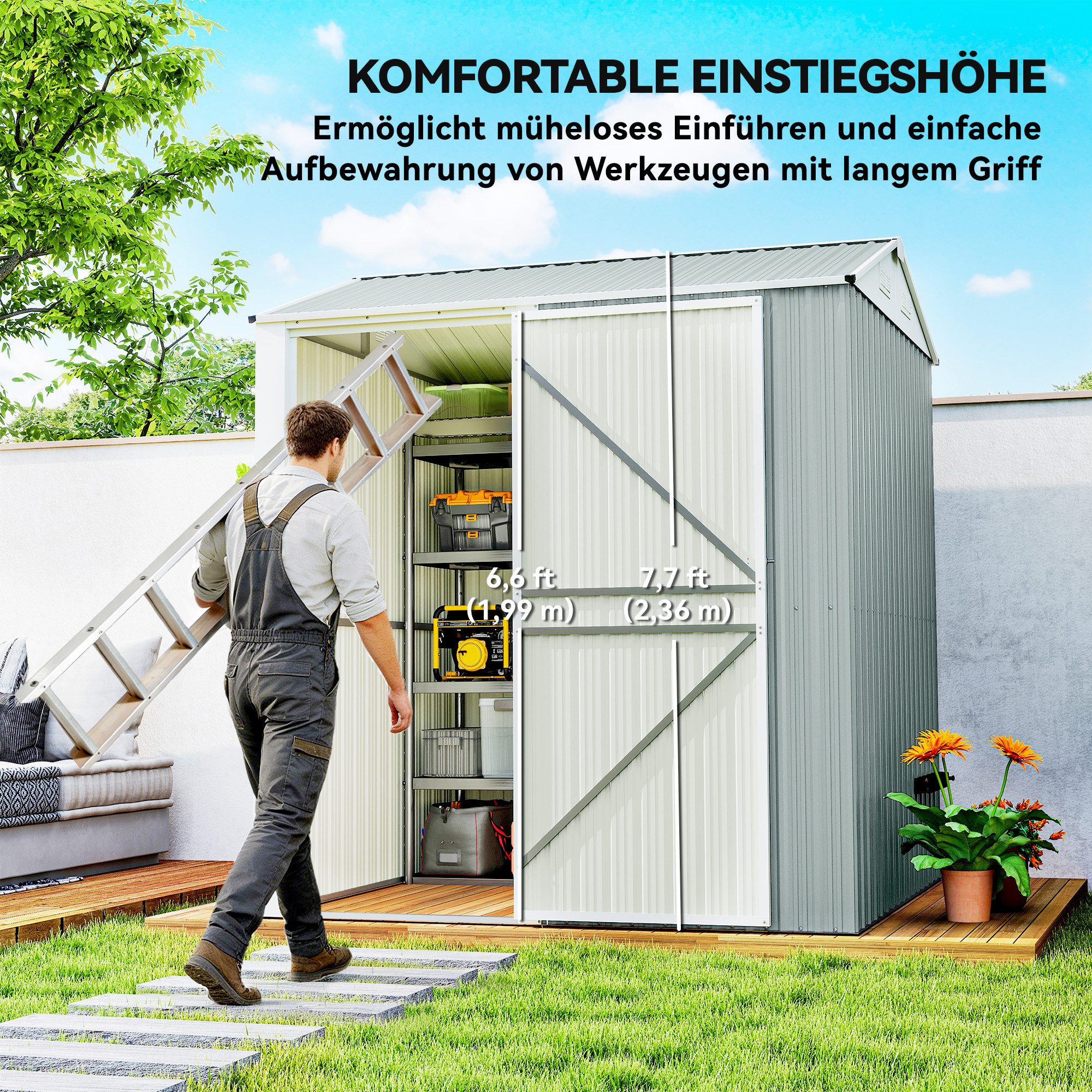 Outsunny Gerätehaus Metall Geräteschuppen hoher abschließbar mit Sattedach Lüftungen, BxT: 209x177 cm, (Geräteschuppen, 1 St., Garten Schuppen), für Hinterhof G – Bild 4 von 5