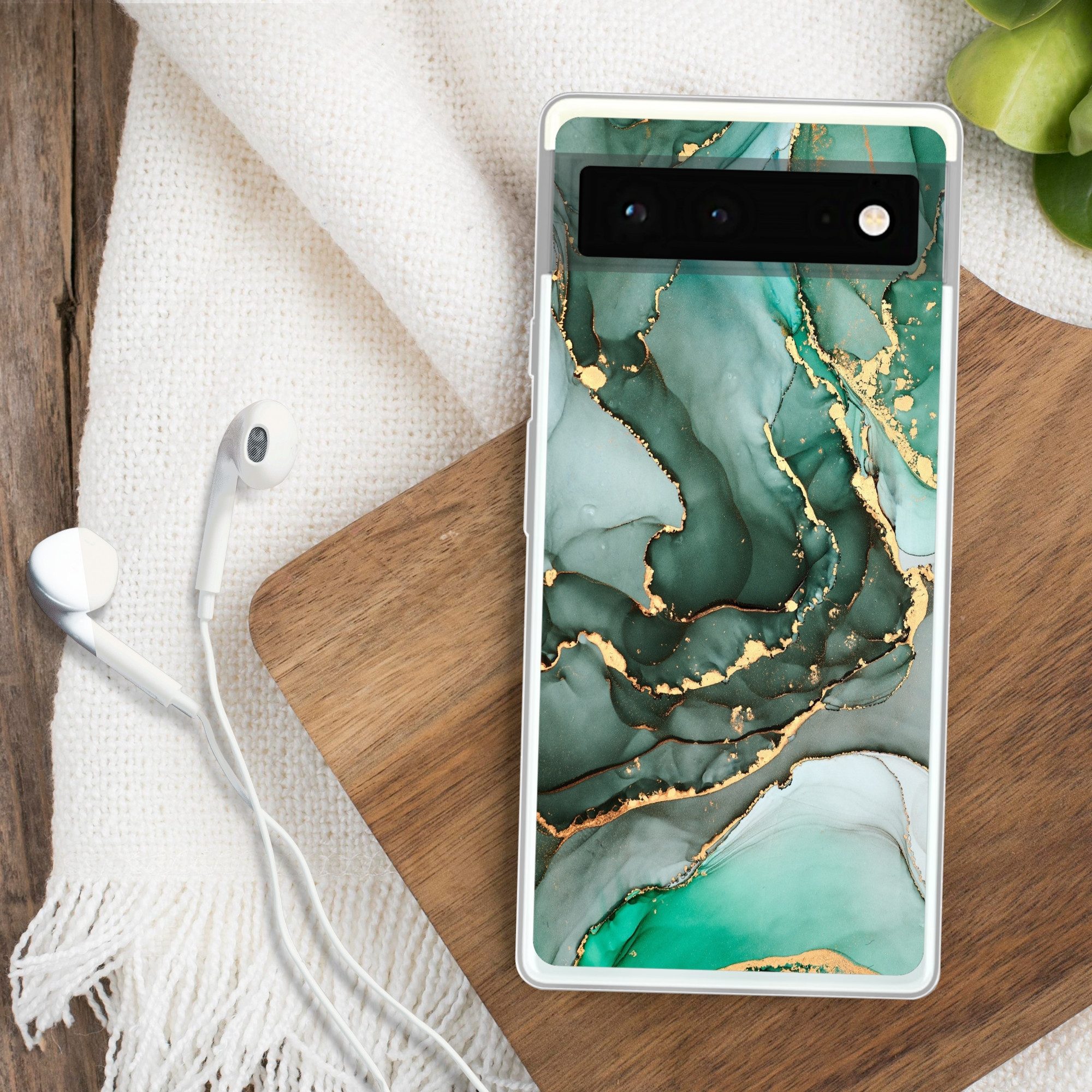 MuchoWow Handyhülle für Google Pixel 6 Gold - Marmor - Grün - Luxus - Marmoroptik - Grau, Handy Case, Silikon, Bumper Case Dünn
