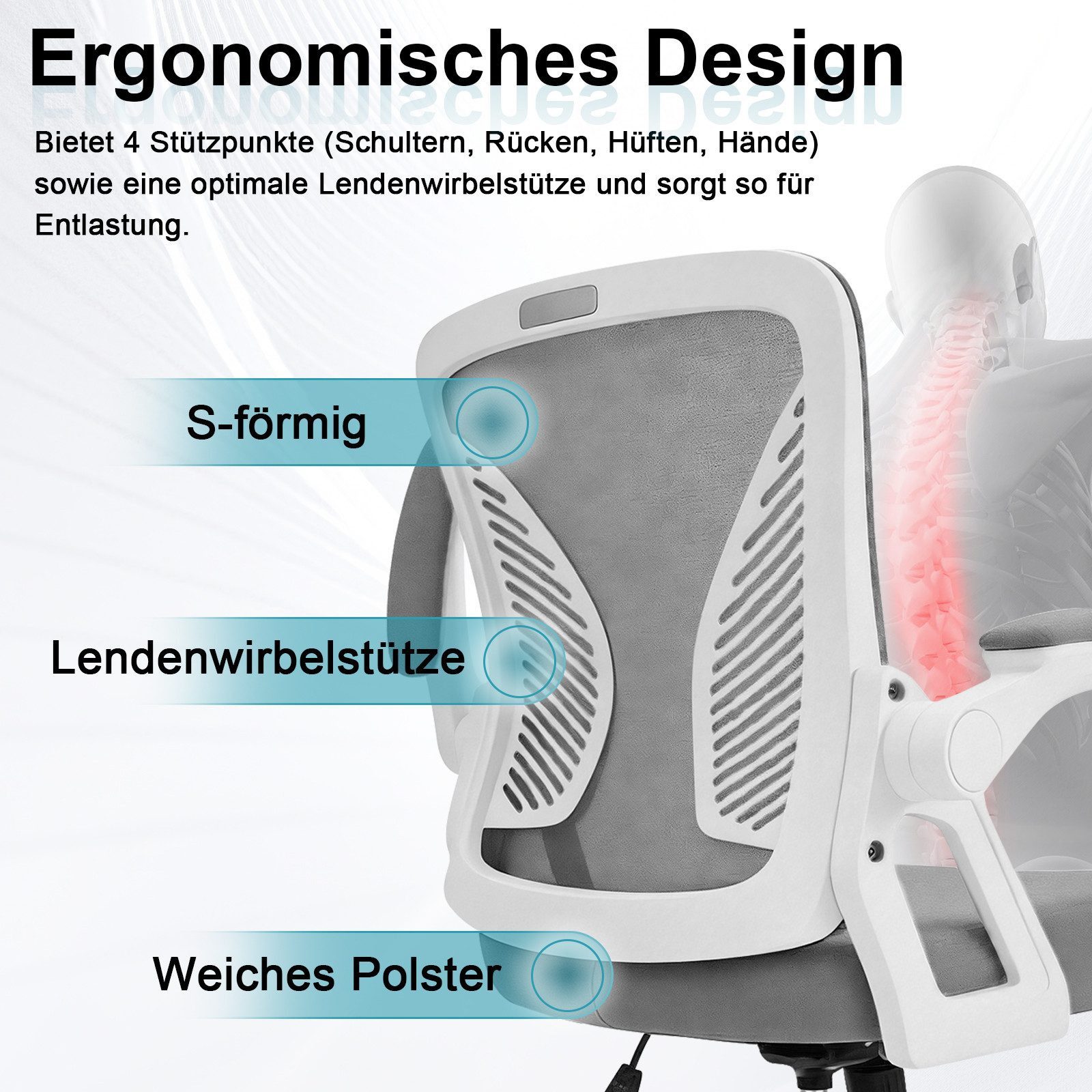 Milacyee Bürostuhl Ergonomischer Bürostuhl mit 90° klappbaren, gepolsterten Armlehnen (Höhenverstellbarer Atmungsaktiv Chefsessel mit geräuscharmen Rollen,Drehs – Bild 5 von 5