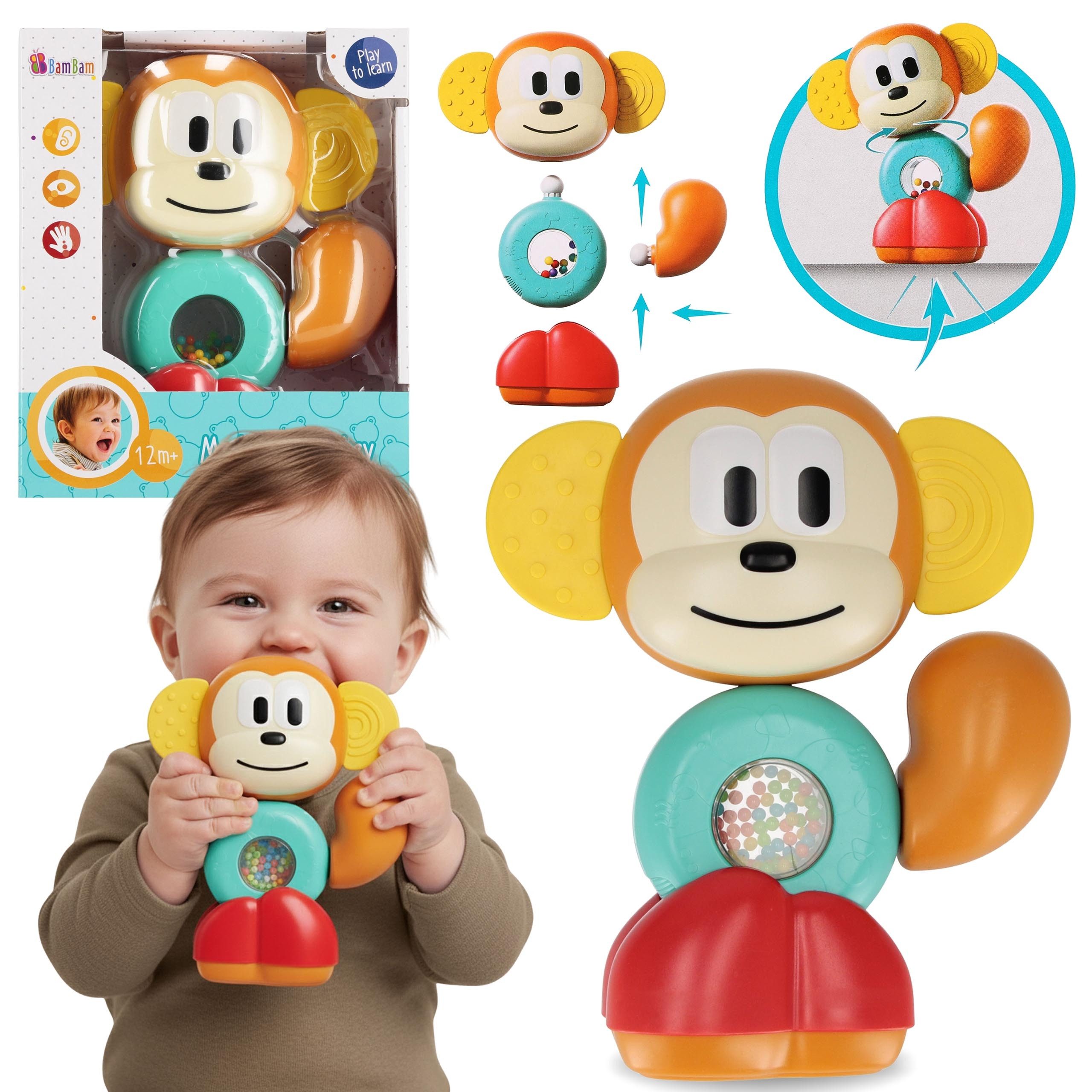 BAM BAM Beißring-Rassel Bam Bam Affenrassel Beißring, sensorisches Spielzeug, 12m+