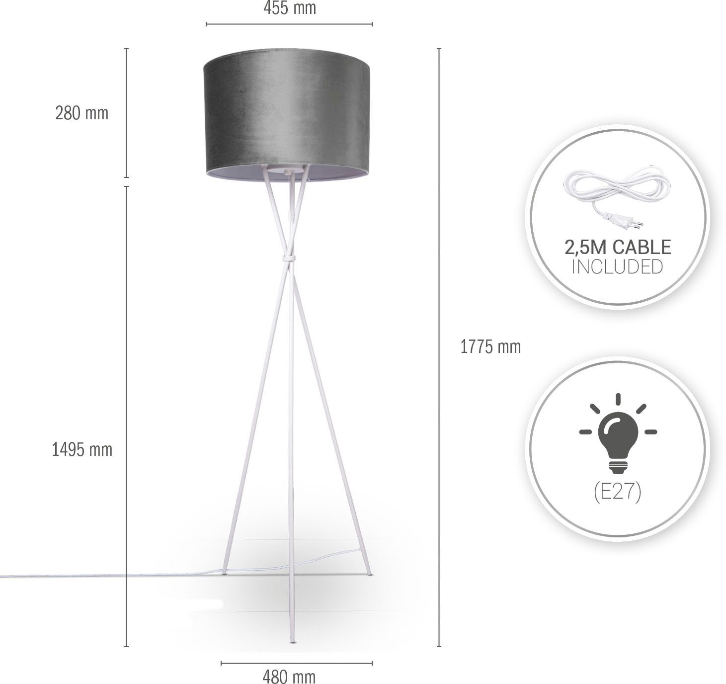 Filigran Velour Kate Home Stehlampe 177,5cm Standleuchte ohne Paco Dreibein beige Wohnzimmer Leuchtmittel, Color, Höhe uni E27