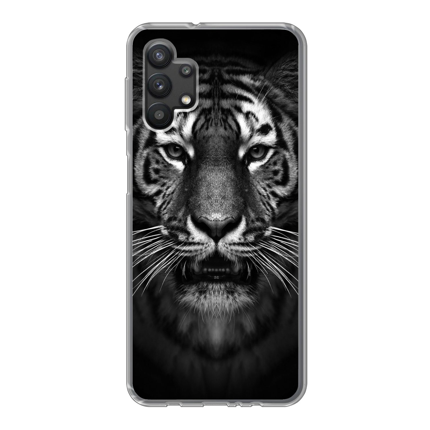 MuchoWow Handyhülle für Samsung Galaxy A32 5G Tiger - Tiere - Schwarz - Weiß - Porträt - W, Smartphone-Bumper, Print, Handy Schutzhülle Dünn