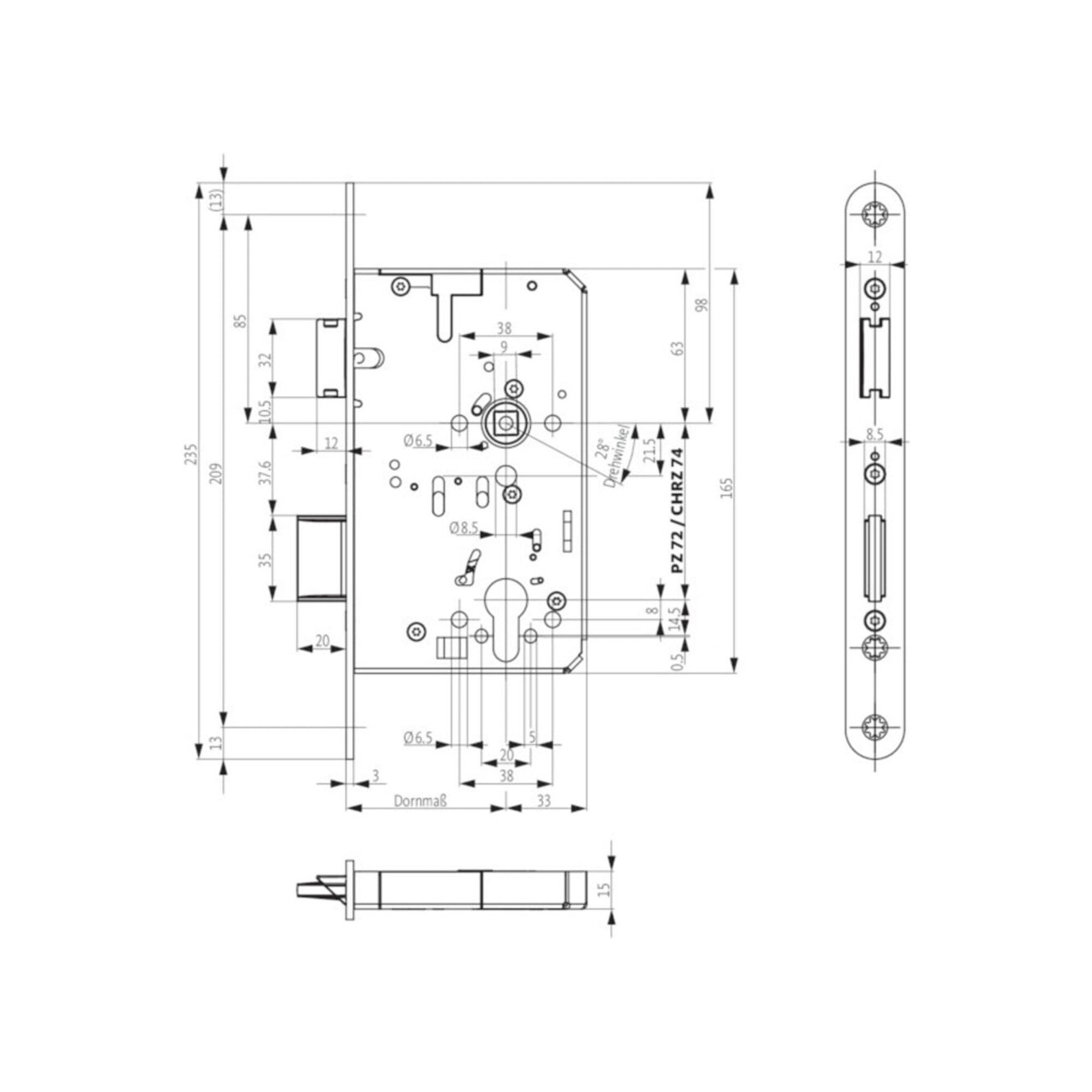BKS Profilzylinder Panik-Einsteckschloss 2320 Fkt.B rd 24/65/72/9mm DIN L/R VA BKS