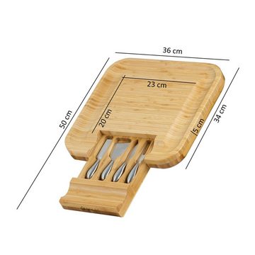 Mahlzeit Käsebrett Bambus Käsebrett mit Käsemesser, 36 x 34 x 5 cm, Käseplatte Holz, Bambus, (Set), inkl. 4x Käsemesser aus Edelstahl
