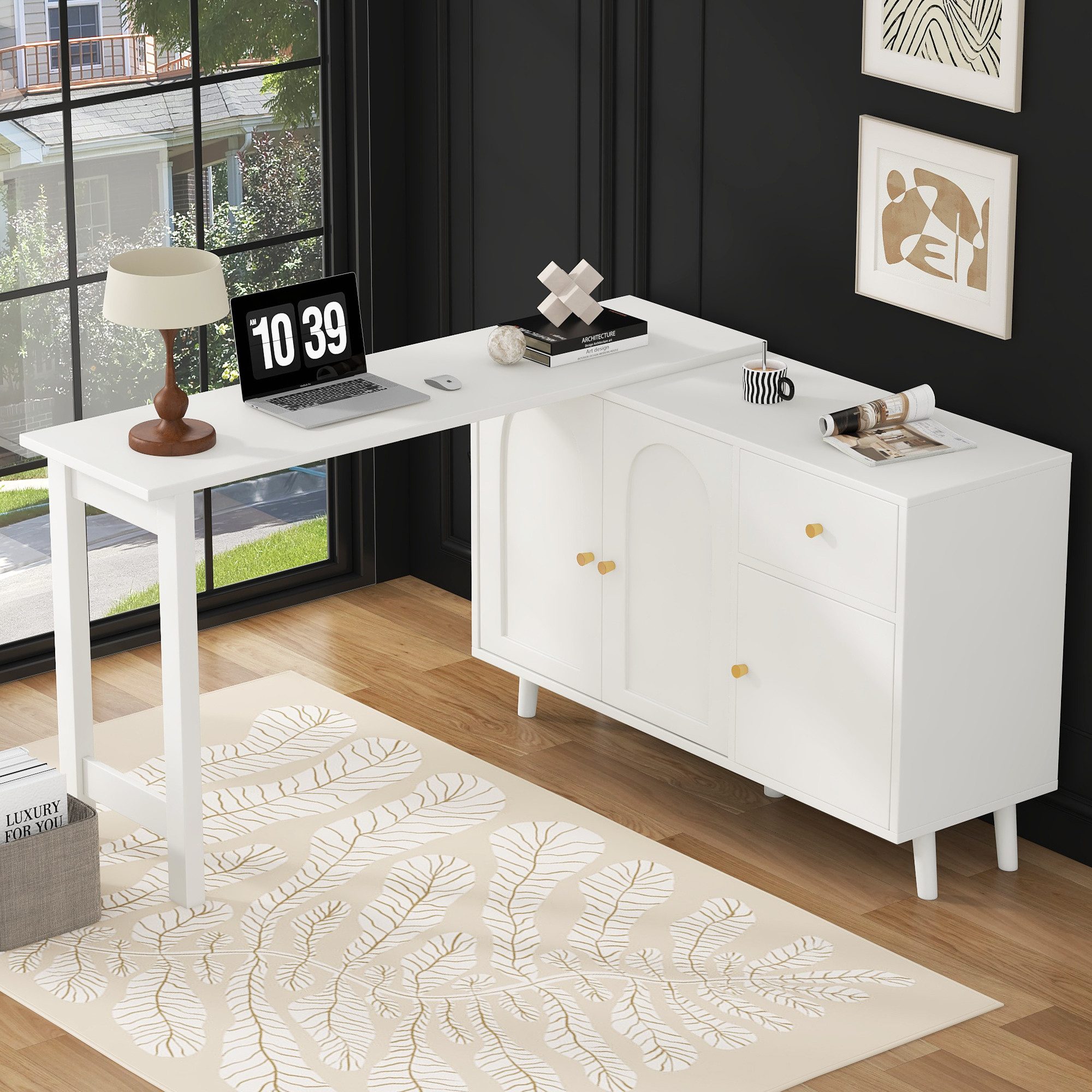 Merax Schreibtisch Multifunktionaler 2-in-1 Schreibtisch & Sideboard (120 x 40 x 74,5 cm, 1-St., Flexibel als Computertisch, Eckschreibtisch, Frisiertisch, Kommode), Eckschreibtisch mit 360° drehbarer Tischplatte, 3 Türen & 1 Schublade