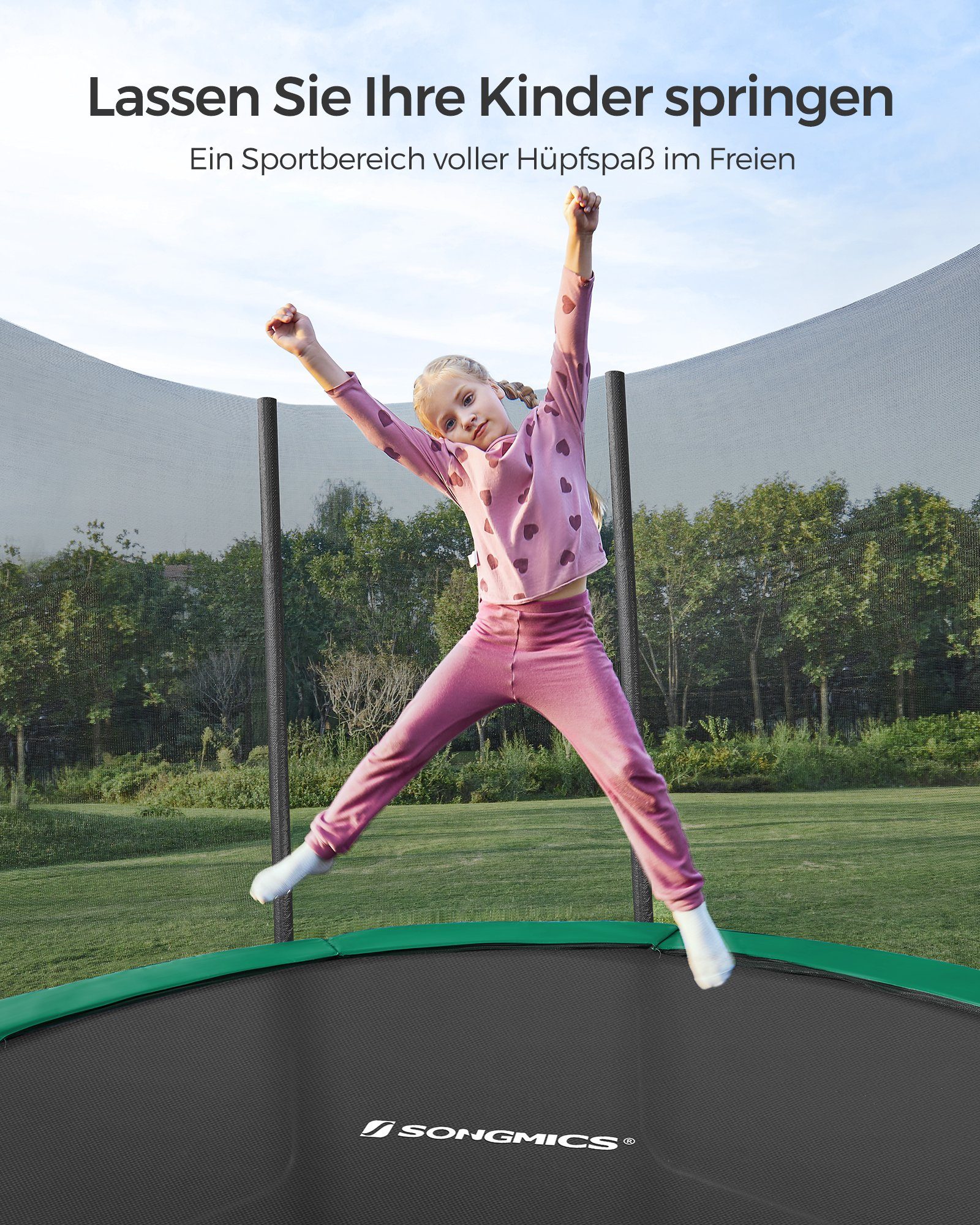 SONGMICS Gartentrampolin mit Randabdeckung, Sicherheitsnetz, Leiter und gepolsterten Stangen, Ø 305 cm, Ø244/Ø305/ Ø366 cm, mit Leiter und gepolsterten Stangen