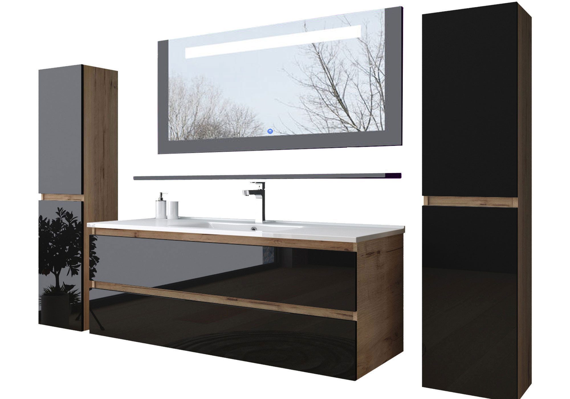 Homeline Badezimmer-Set Badmöbel Set 90 cm Eiche / Schwarz Kaiser Mit Danny Spiegel schwarz, (Badezimmer Möbel, Bad Möbelset)