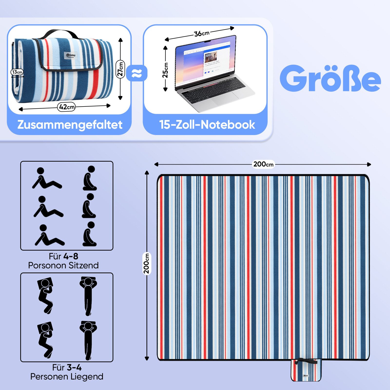 Picknickdecke XXL Picknickdecke 200x200 cm Wasserdicht, Faltbare Campingdecke Fleece, Sekey, aus Drei Lagen, Stranddecke 4 bis 6 Personen mit tragbarem Griff