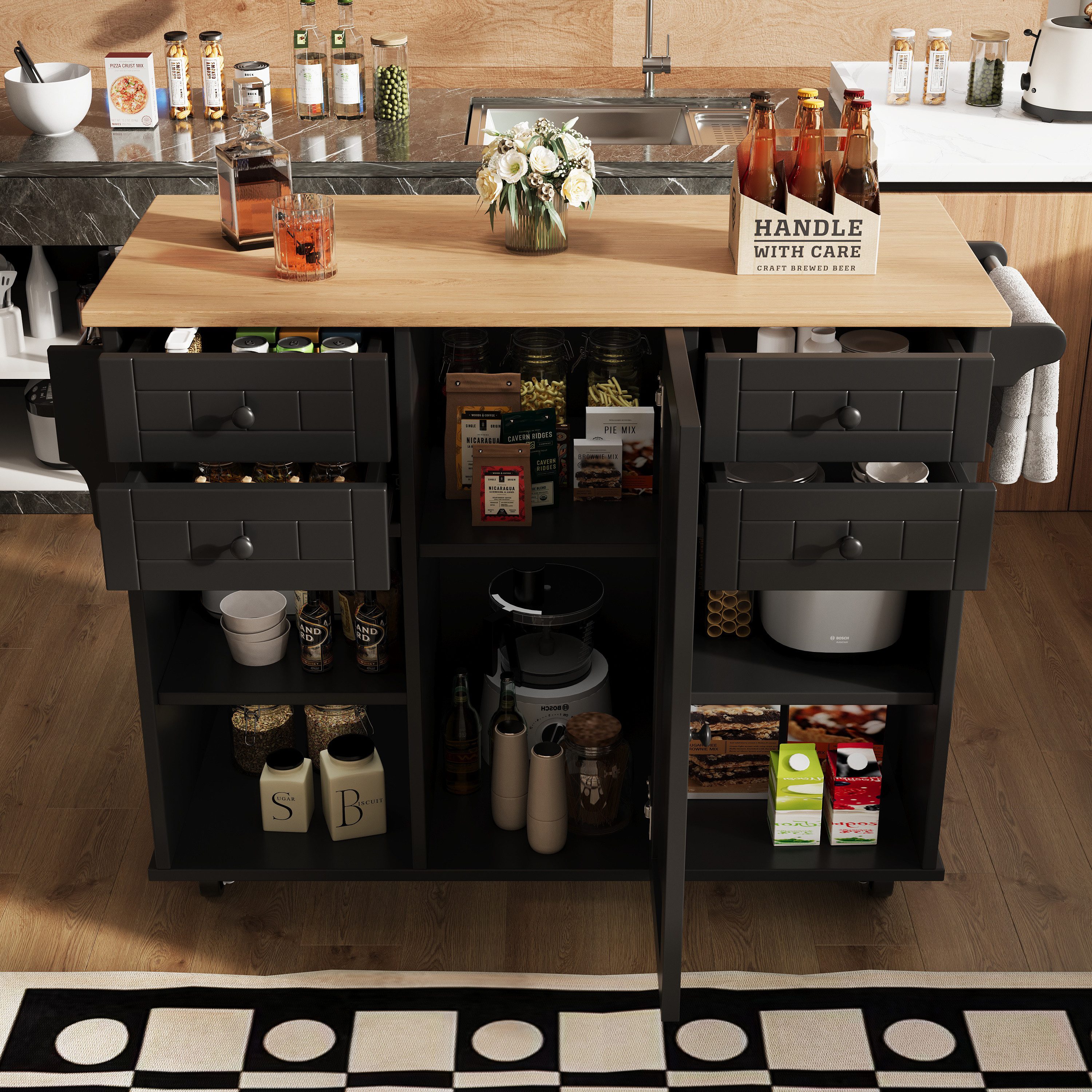 OKWISH Küchenwagen Multifunktionale Kücheninsel,Küchenregal Küchewagen Sideboard Stuhl, (Multifunktionale Kücheninsel mit Holzmaserung (127×46×91,5 cm) – Mobiler Esswagen mit Stauraum, herausnehmbaren Trennwänden, 360° drehbaren Rädern, verstellbaren Seitenträgern für Gewürze, Handtücher und mehr – Perfekt für Küche, Esszimmer & kleine Wohnungen, 127 x 46 x 91.5 cm)