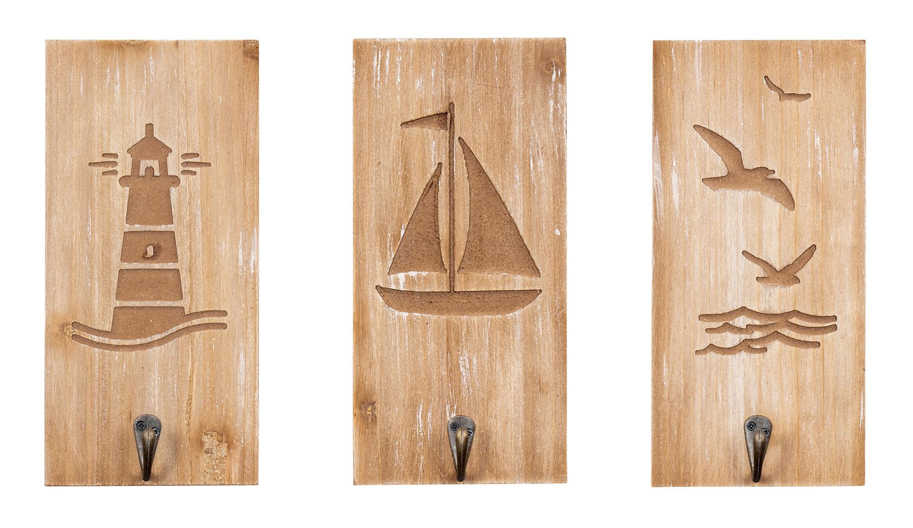Levandeo® Wandhaken, 3er Set Wandhaken H25cm Segelboot Möwen MDF Holz Braun Kleiderhaken
