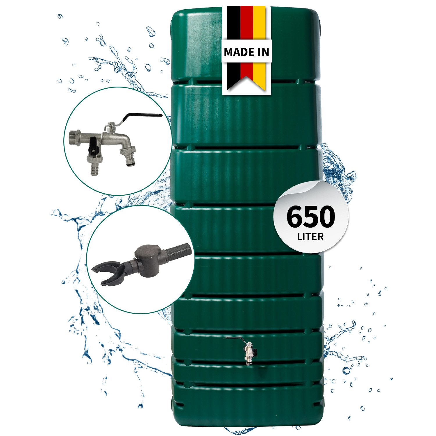 4rain Regentonne SLIM Regentonne Wandtank Komplett-Set 650 L, dunkelgrün, 650 l