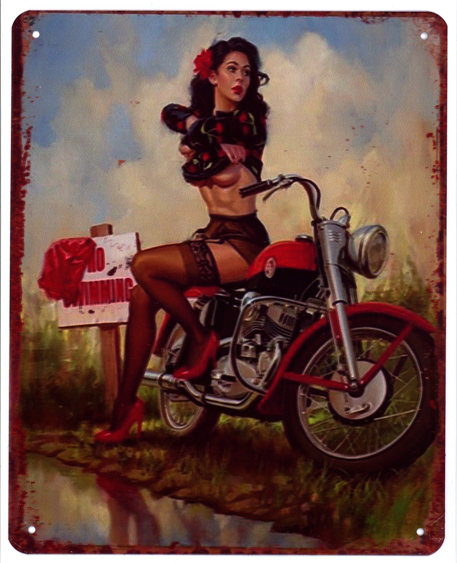 Metallschild Blechschild Frau Motorrad No Swimming