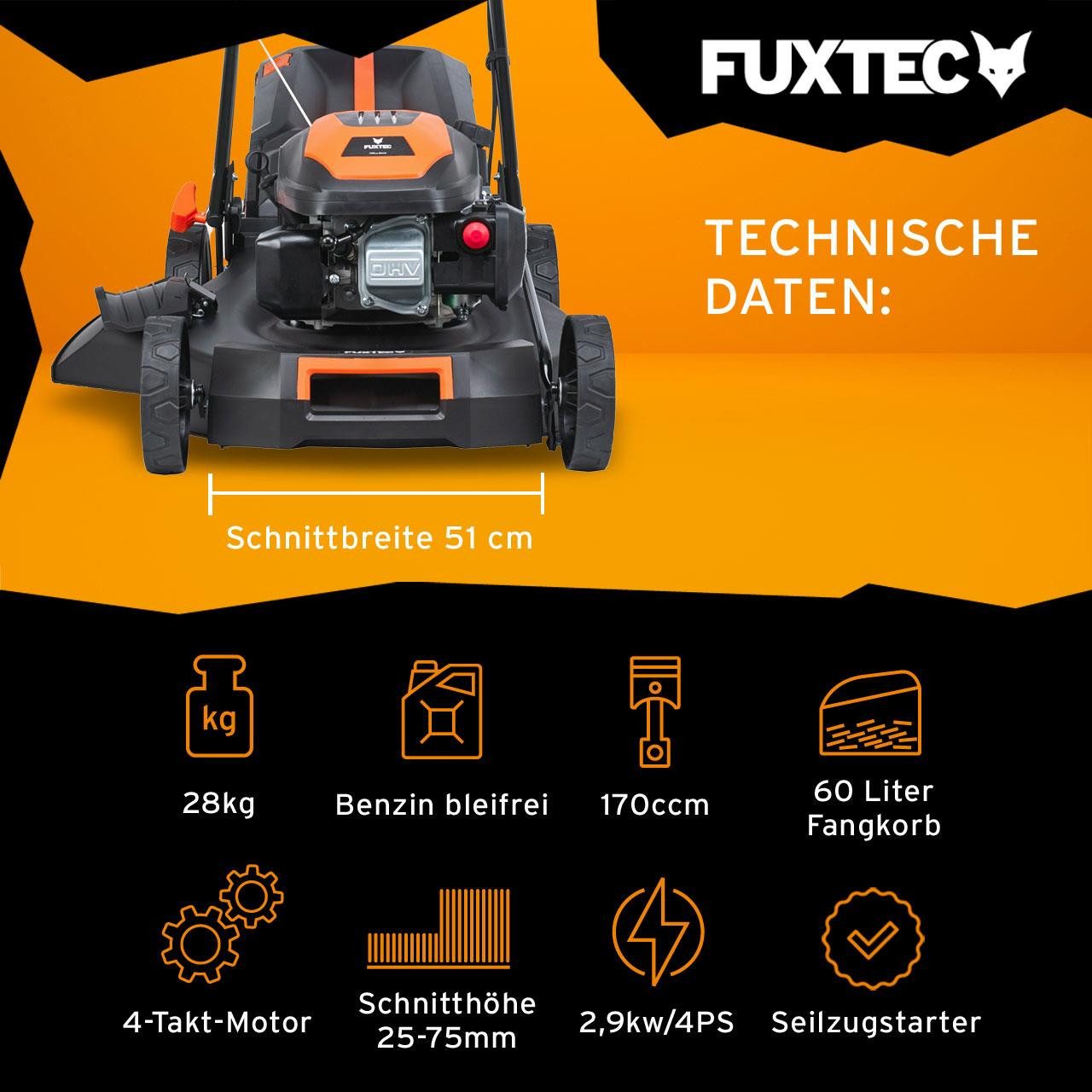 FUXTEC Benzinrasenmäher FX-RM5170, 50,8 cm Schnittbreite, 51 cm Schnittbreite, 60 L Fangkorb, 4in1 Mäher, EasyClean, 4 PS