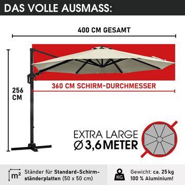BRAST Sonnenschirm Alu Ampelschirm Ø360cm inkl. Windsicherung & Schützhülle, wahlweise mit LEDs,drehbar schwenkbar & höhenverstellbar