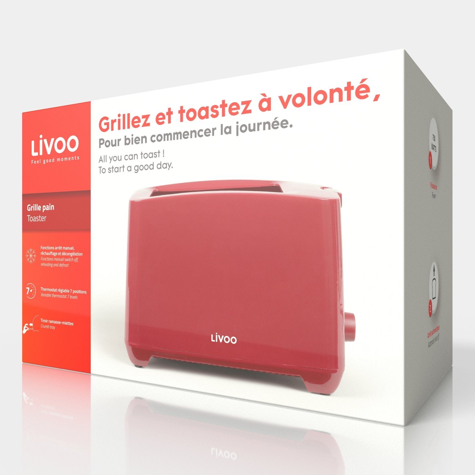 LIVOO Toaster LIVOO Schlitze 2 Toastautomat Watt 750 Toaster Rot LED