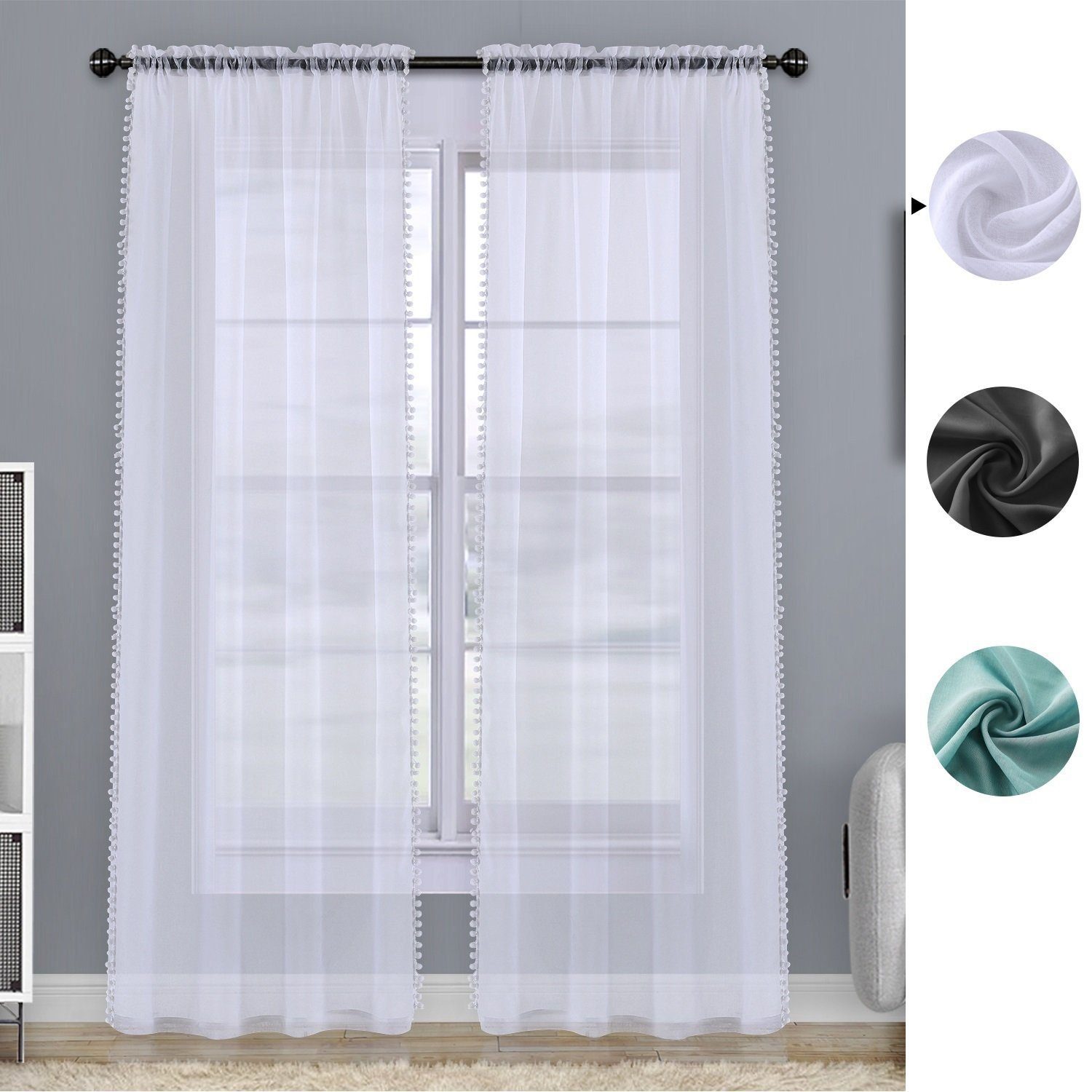 Gardine F10WH00878, Gardine Vorhänge (2 aus Schlafzimmer Voile für Fensterschal Weiß mit Transparent Pompons HOMEIDEAS, St)
