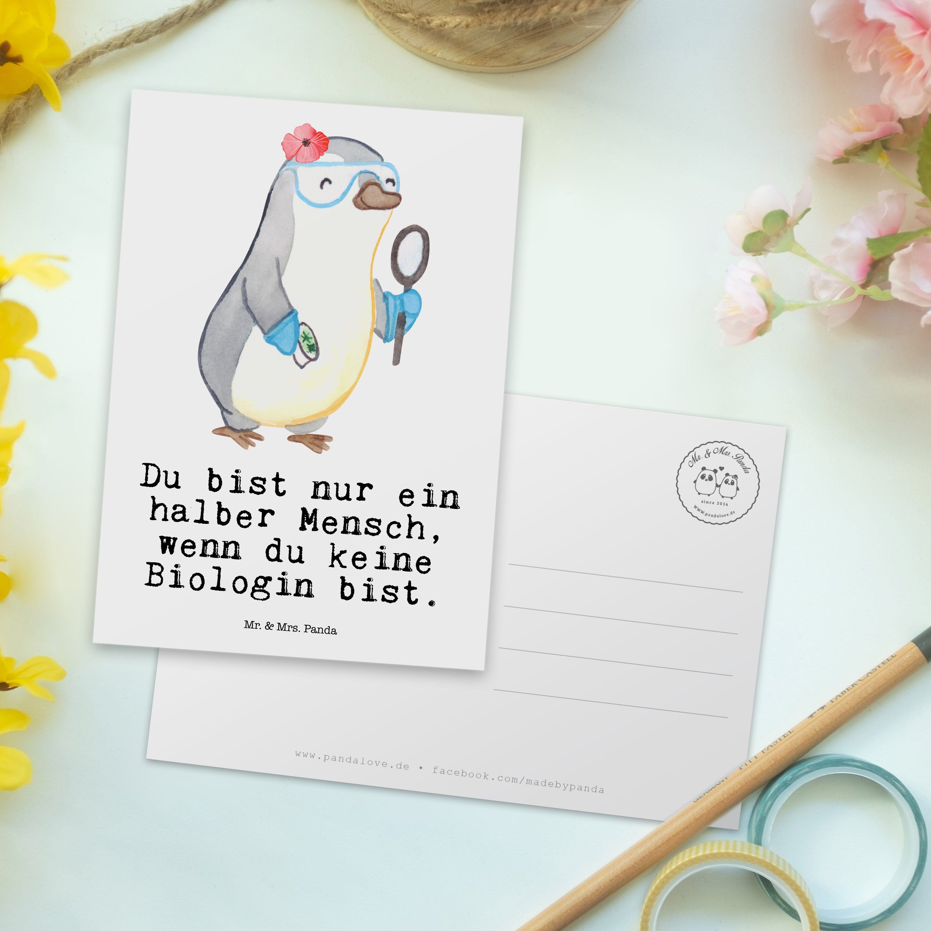 Postkarte Schenken, - Mr. Ansichtskarte Biologin & Herz Panda - Danke, Weiß Geschenk, mit Mrs.