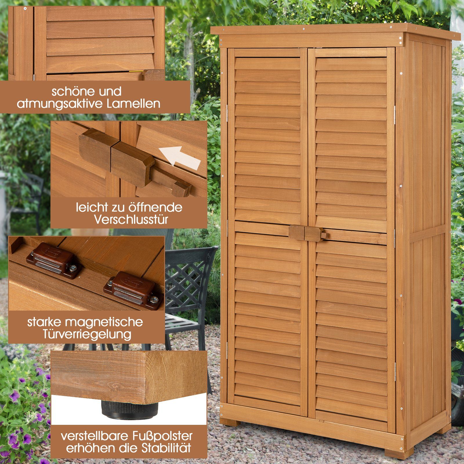 COSTWAY Garten-Geräteschrank, BxT: 87x47 cm, Gartenschrank, Holzschrank, mit 3 herausnehmbaren Regalen