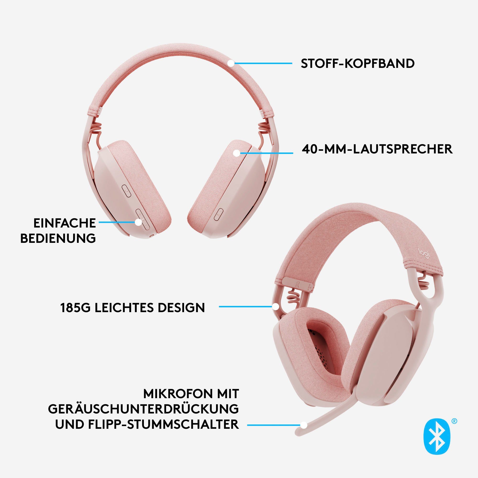 rose (Noise-Cancelling, Logitech Vibe Gaming-Headset 100 Zone Bluetooth)