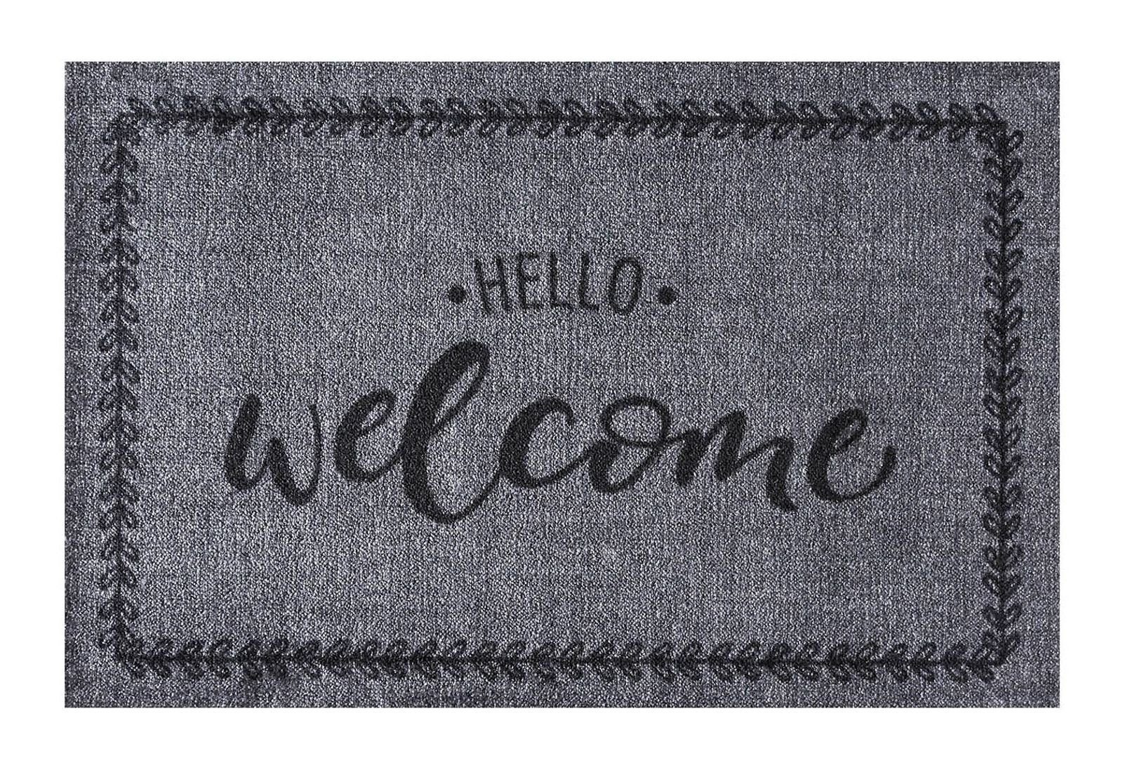 MD Entree Fußmatte Ambiance Schmutzfangmatte Eingangsmatte Innenbereich, rechteckig, Höhe: 8 mm, bei 30° waschbar, anti-rutsch, 50 x 75 cm, Hello Welcome, grau