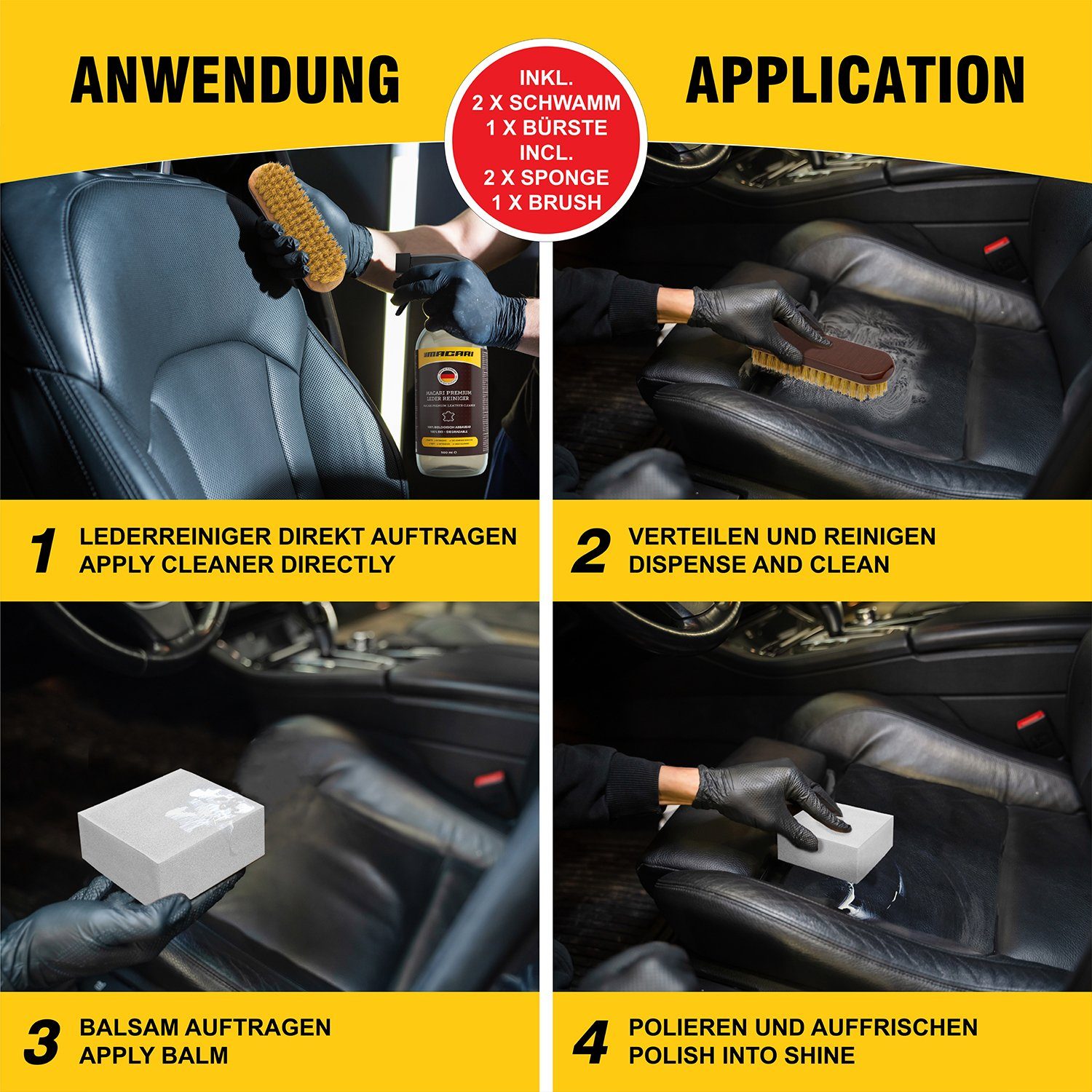 Macari Premium Leather Care Set for Leather Couches, Cars, Shoes, and Leather (Leather Couch, Car Furniture, Jacket, Clothing, Sofa, Handbag, Shoes, Saddle, Leather Grease, [4-pcs. 500ml])