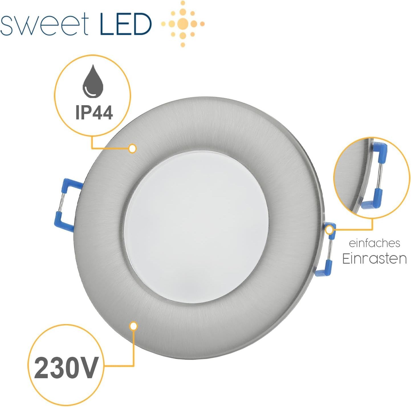 Sweet LED LED Einbaustrahler 10er SET 6500K kaltweiß 6,5W flach Chrom Bad Einbauspots IP44 230V, Kaltweiß, 6500K, Deckenspots, Ø 85 mm, Einbauleuchte