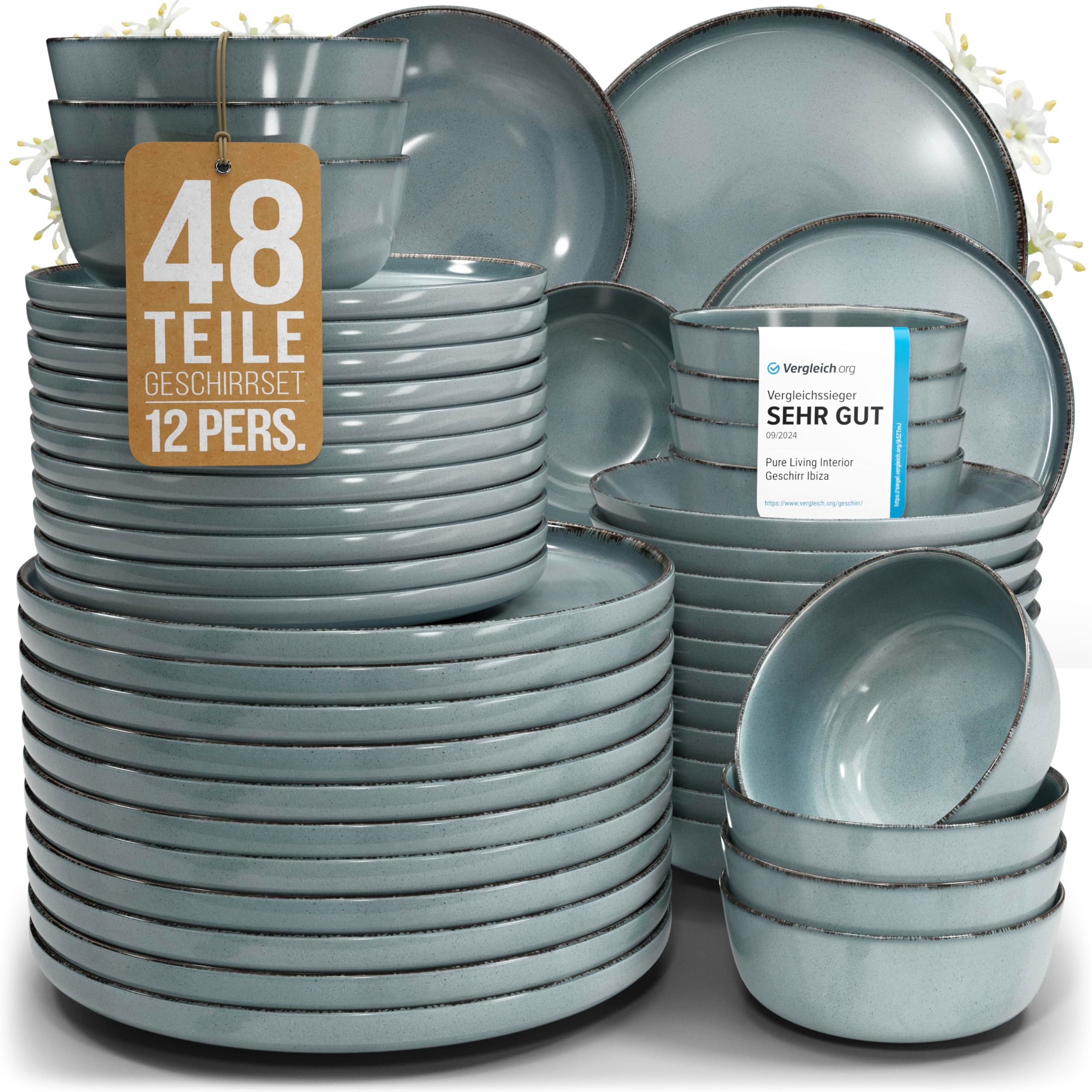 PURE LIVING INTERIOR DESIGN Geschirr-Set Steingut Geschirrset 12 Personen Rustic 48 tlg. TESTSIEGER, Hochwertig (48-tlg), 12 Personen, Mediterrane Handwerksoptik, Reaktive Glasur – jedes Stück einzigartig…