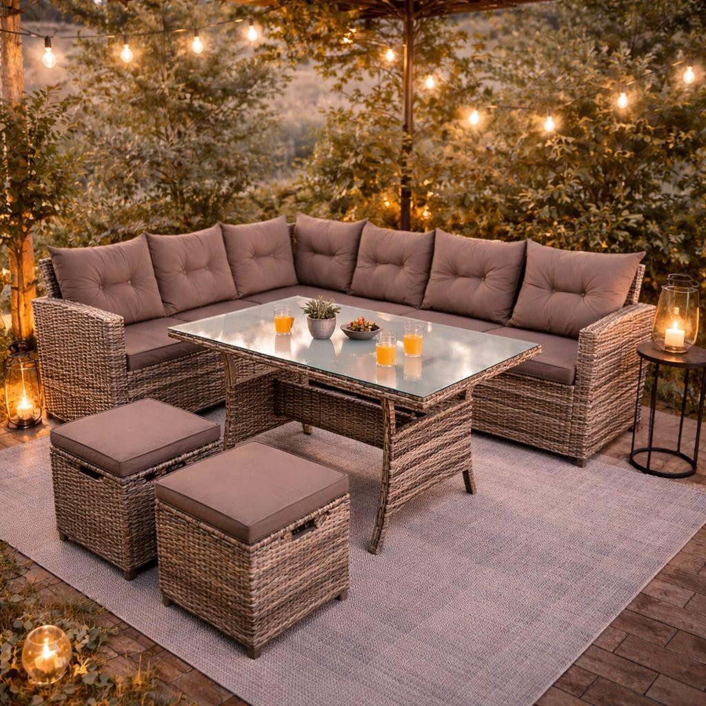 ESTEXO Sitzgruppe Polyrattan Essgruppe Gartenmöbel Lounge Gartengarnitur Beige-Braun