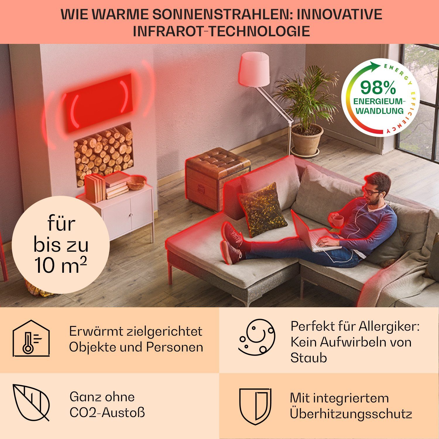 Klarstein Heizkörper La Palma Smart 500 W black, elektrische Infrarot Wandheizung Spiegel Thermostat Heizung elektrisch