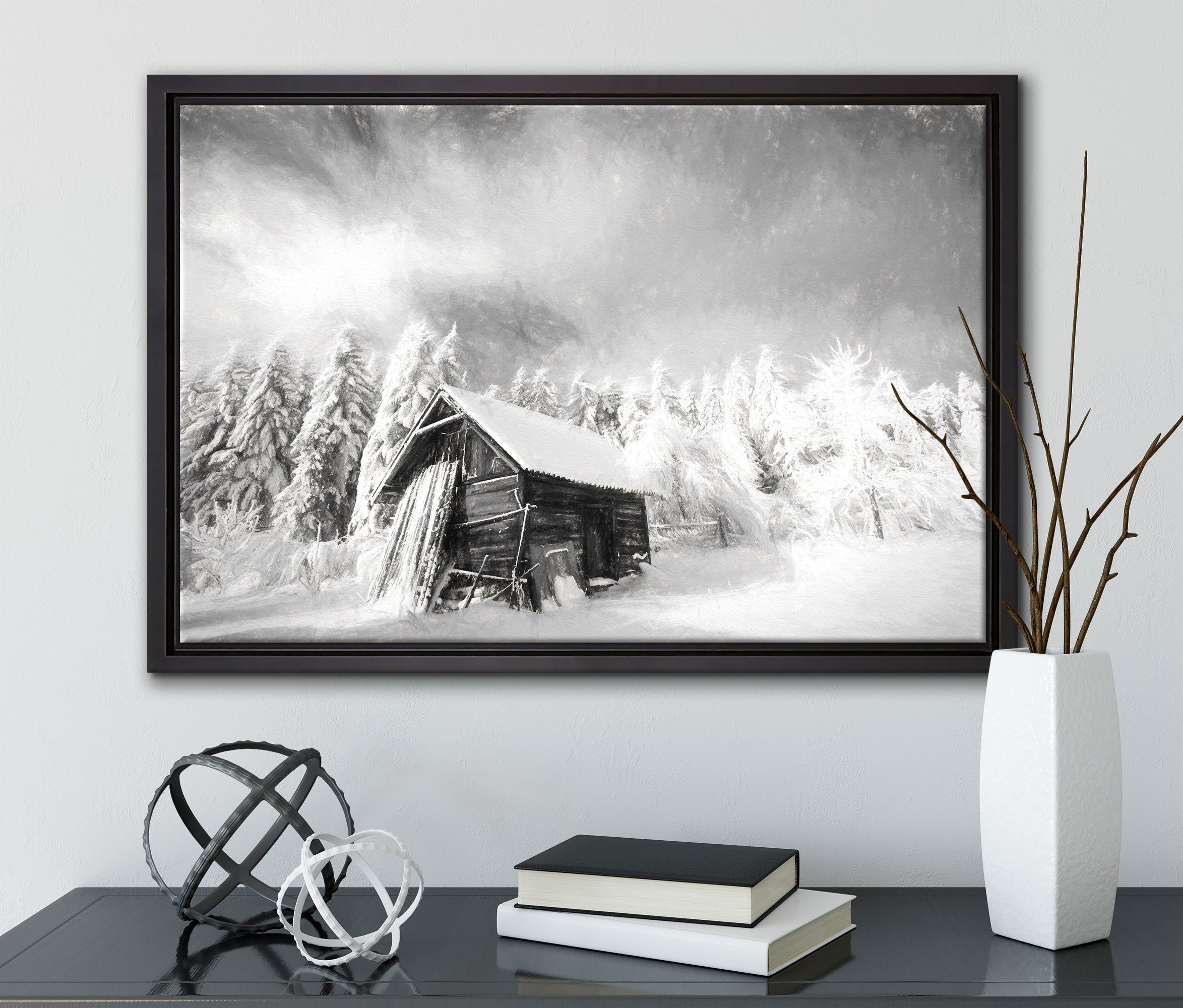 Schattenfugen-Bilderrahmen Leinwandbild einem Leinwandbild gefasst, Holzhütte St), Zackenaufhänger Wanddekoration Pixxprint (1 in fertig inkl. bespannt, im Schnee,