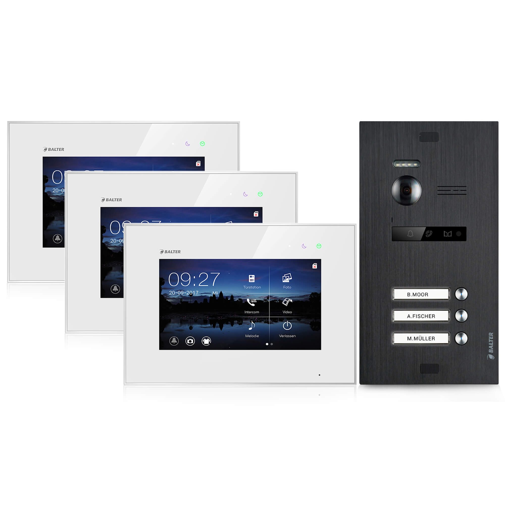 Balter Video-Türsprechanlage Video Türsprechanlage für 3 Familienhaus, 3x Monitore (Mehrfamilienhaus, Komplettset, 3-tlg., 150 Grad Weitwinkelkamera)